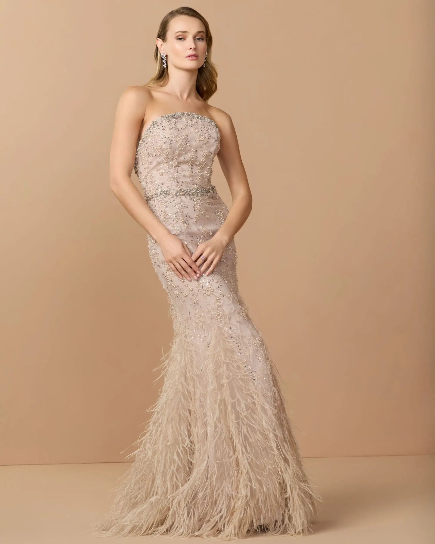 Beige Strapless Embellished Trumpet Gown With Feathered Hem - Mac Duggal