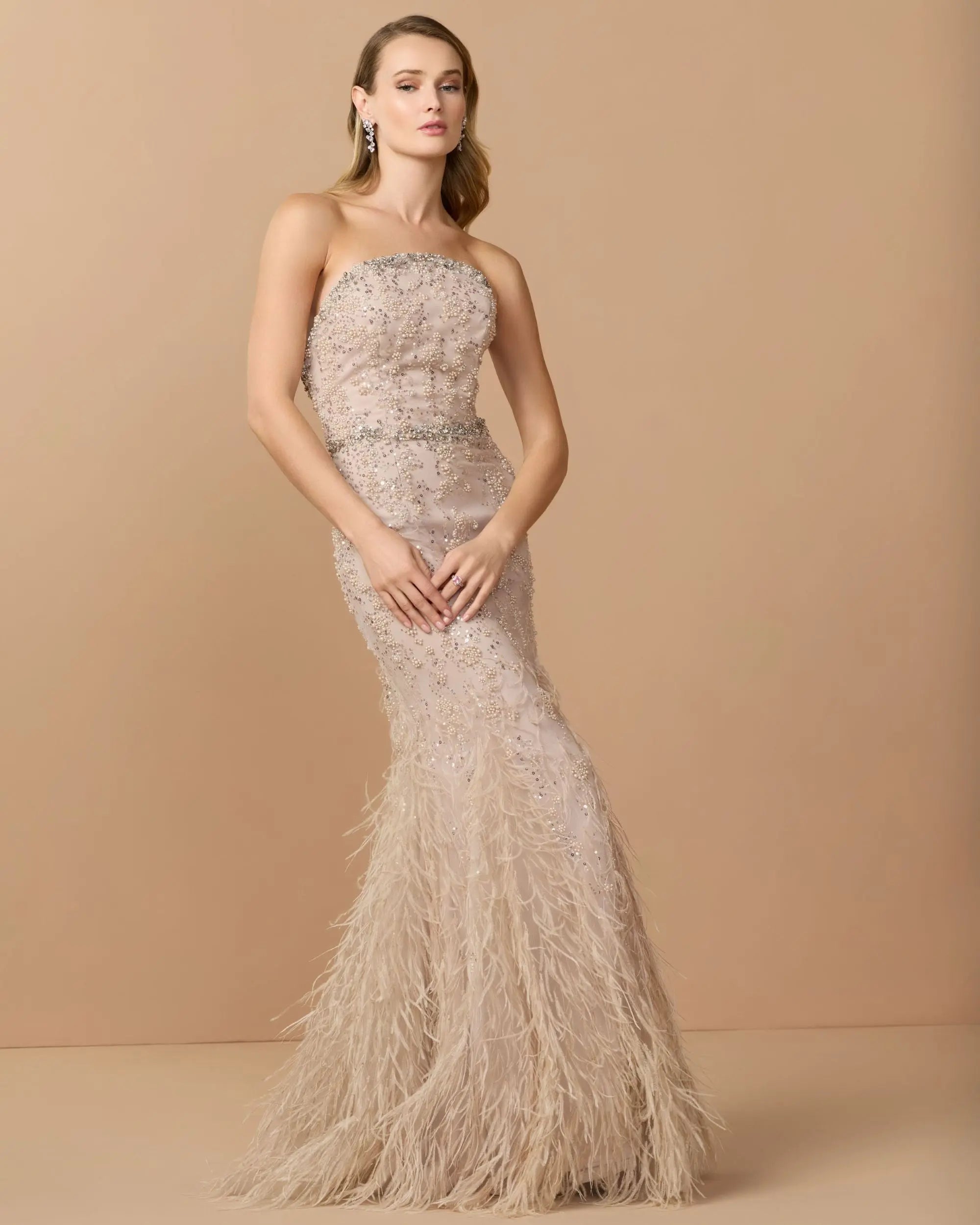 Beige Strapless Embellished Trumpet Gown With Feathered Hem - Mac Duggal