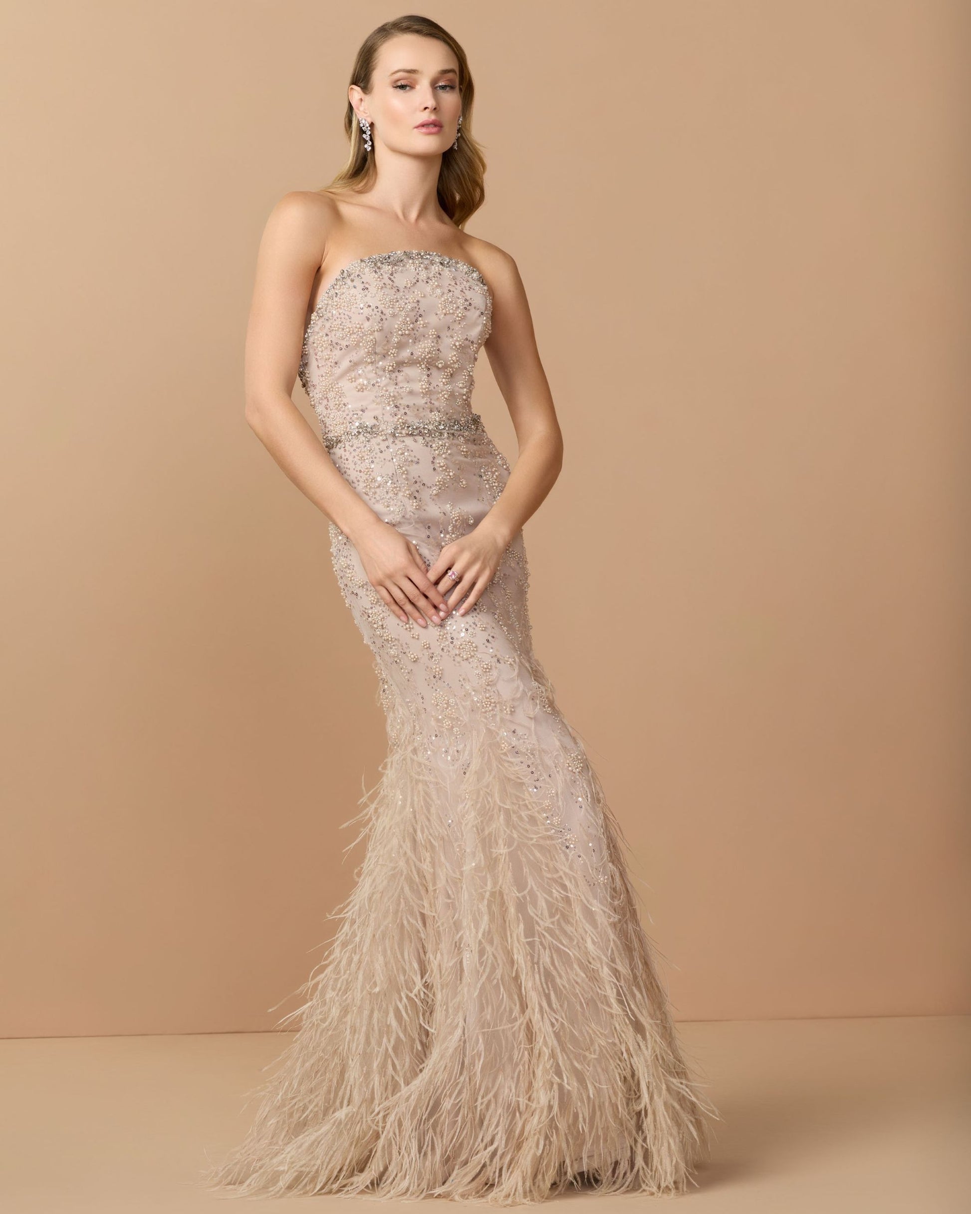 Beige Strapless Embellished Trumpet Gown With Feathered Hem - Mac Duggal
