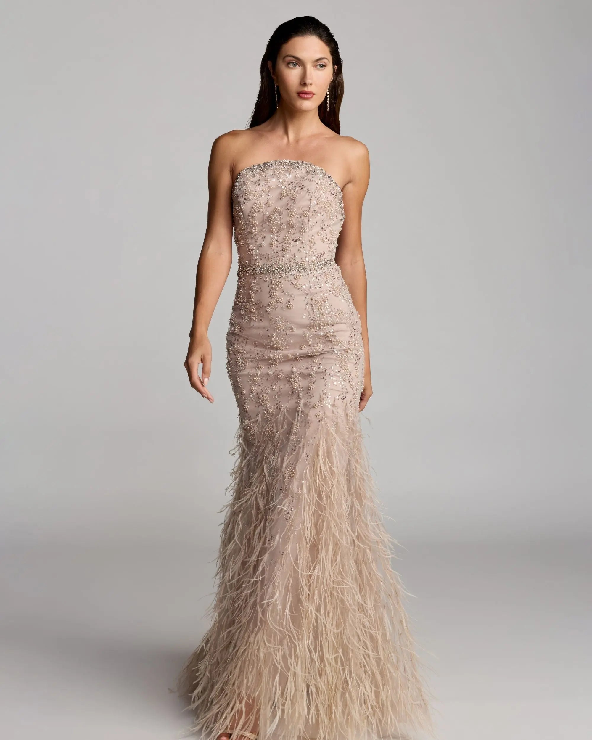 Beige Strapless Embellished Mermaid Gown With Feather Hem Mac Duggal