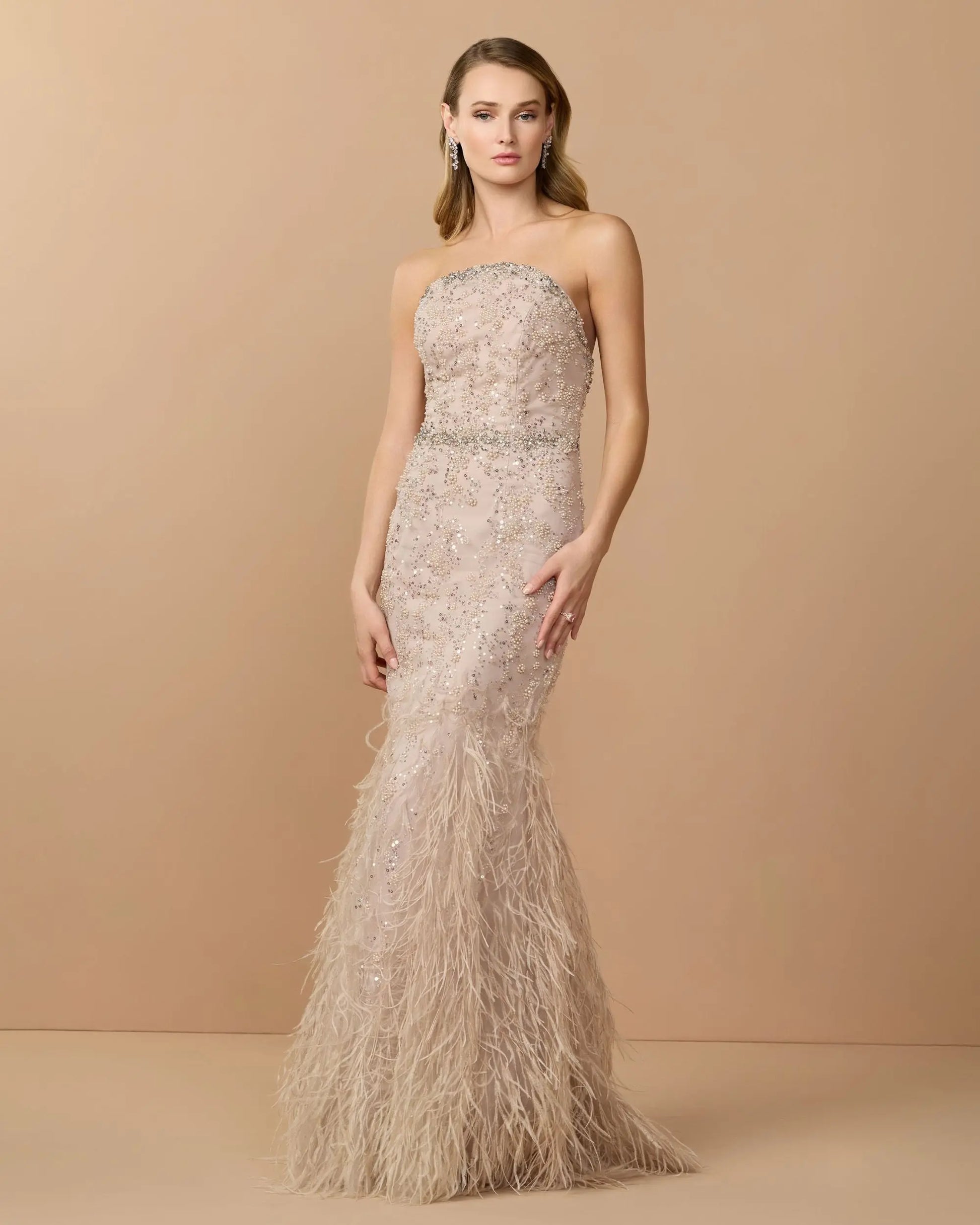 Beige Strapless Embellished Trumpet Gown With Feathered Hem - Mac Duggal
