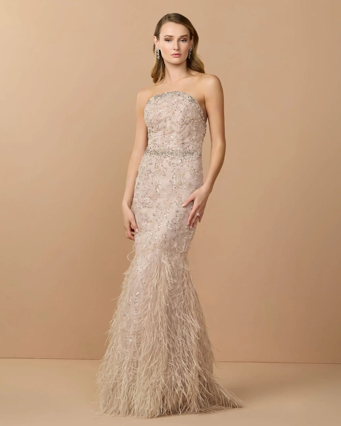 Beige Strapless Embellished Trumpet Gown With Feathered Hem - Mac Duggal