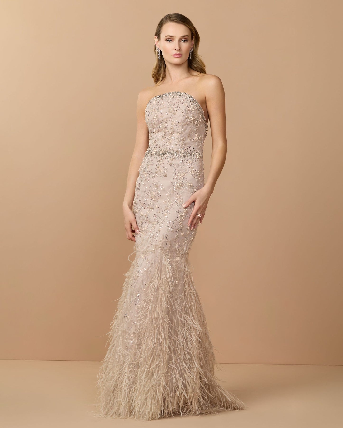 Beige Strapless Embellished Trumpet Gown With Feathered Hem - Mac Duggal
