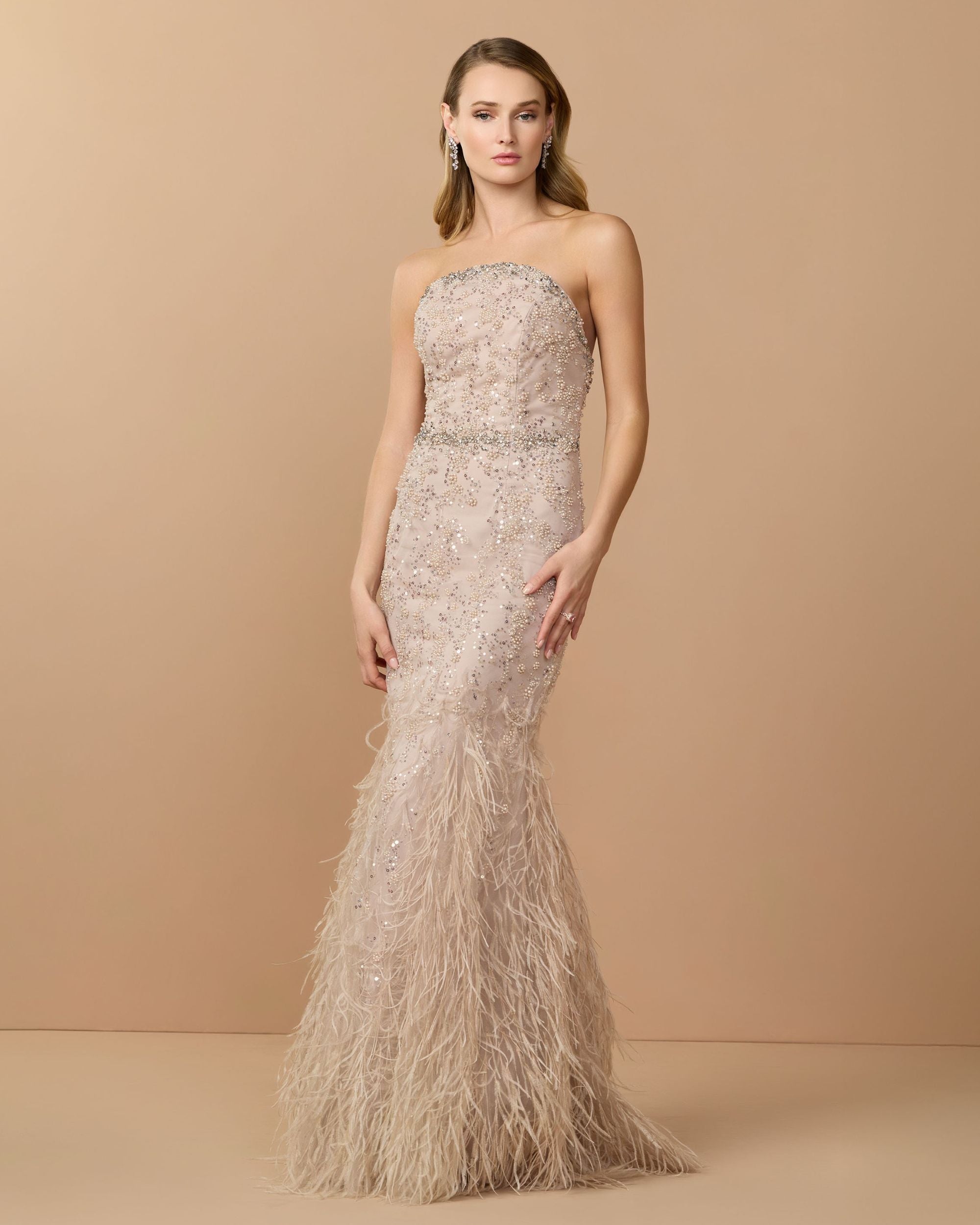 Beige Strapless Embellished Trumpet Gown With Feathered Hem - Mac Duggal