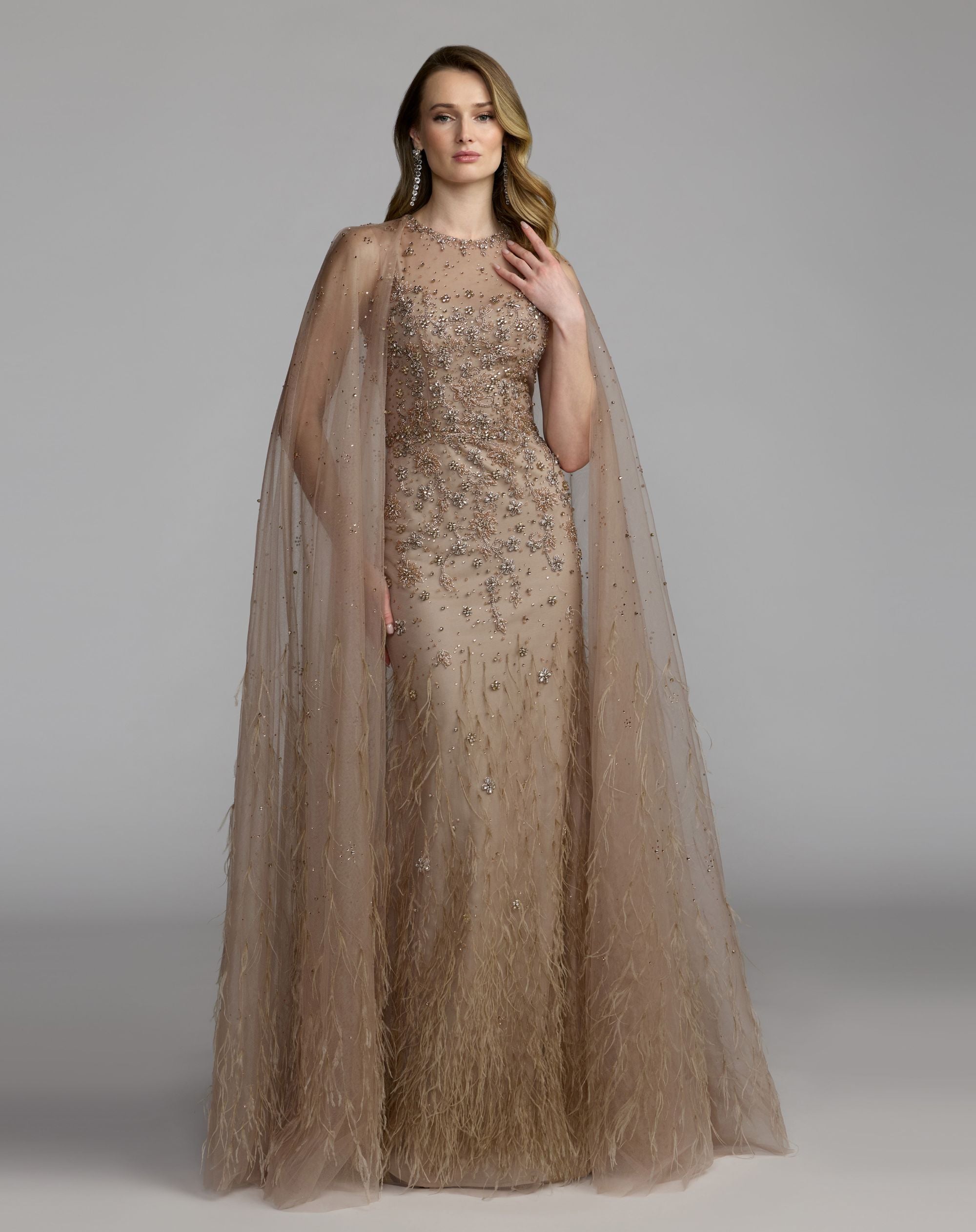 Beige Crystal Embellished Cape Gown with Feathers Mac Duggal