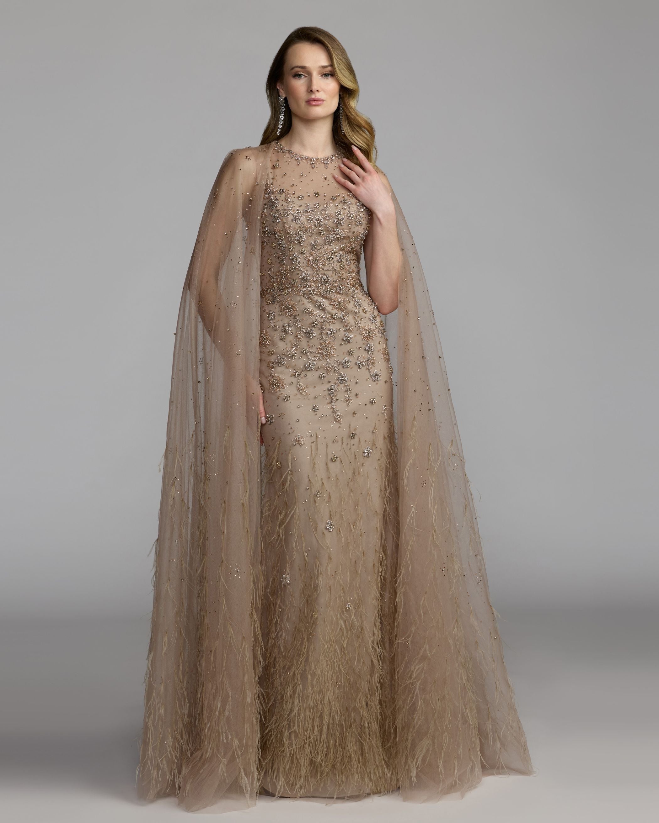 Beige Crystal Embellished Cape Gown with Feathers Mac Duggal