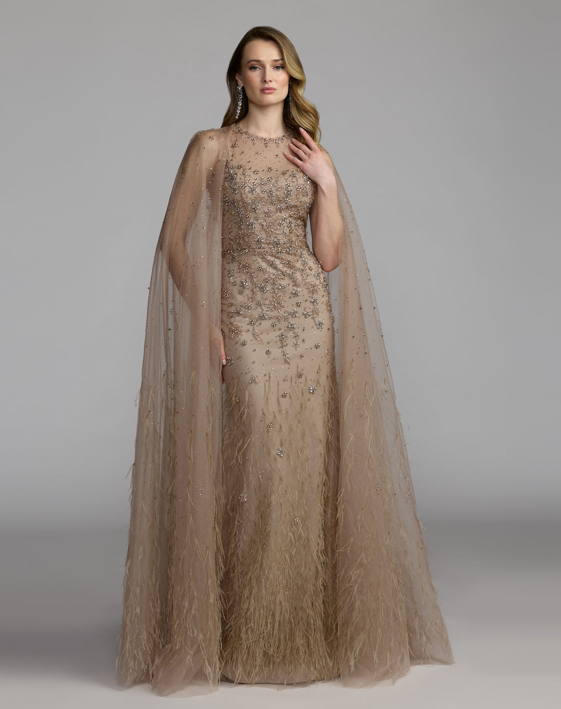 Beige Crystal Embellished Cape Gown with Feathers Mac Duggal