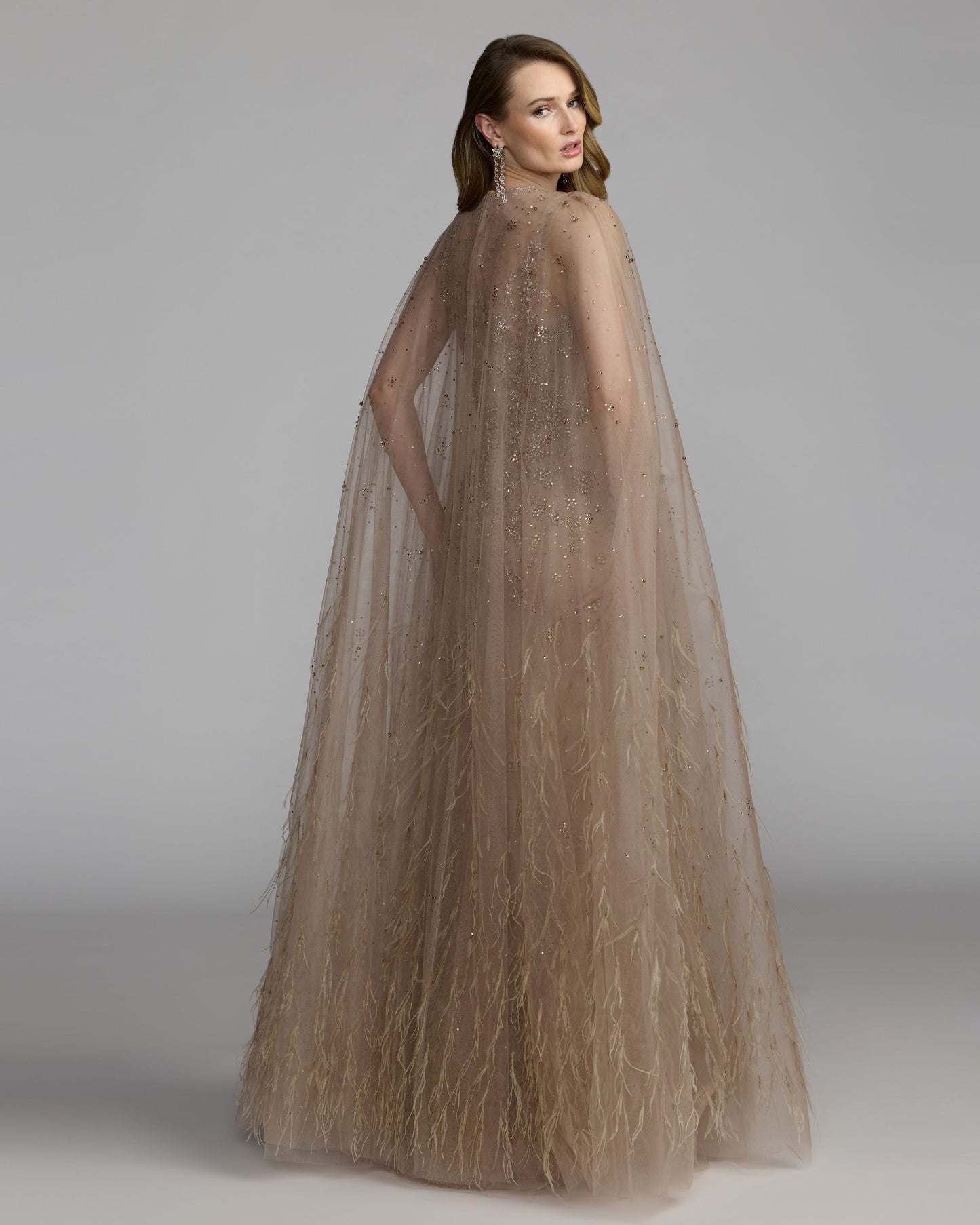 Beige Crystal Embellished Cape Gown with Feathers Mac Duggal
