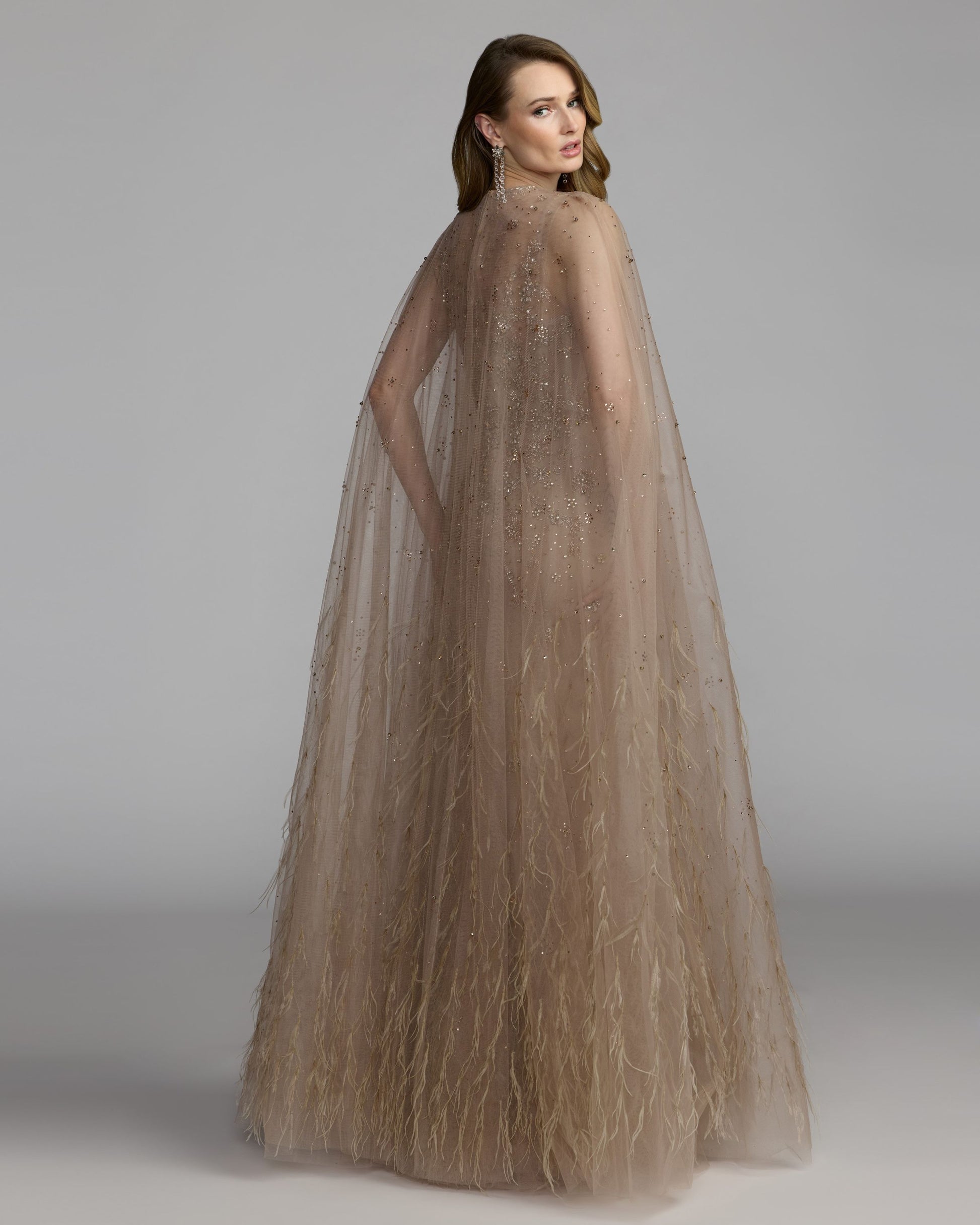 Beige Crystal Embellished Cape Gown with Feathers Mac Duggal