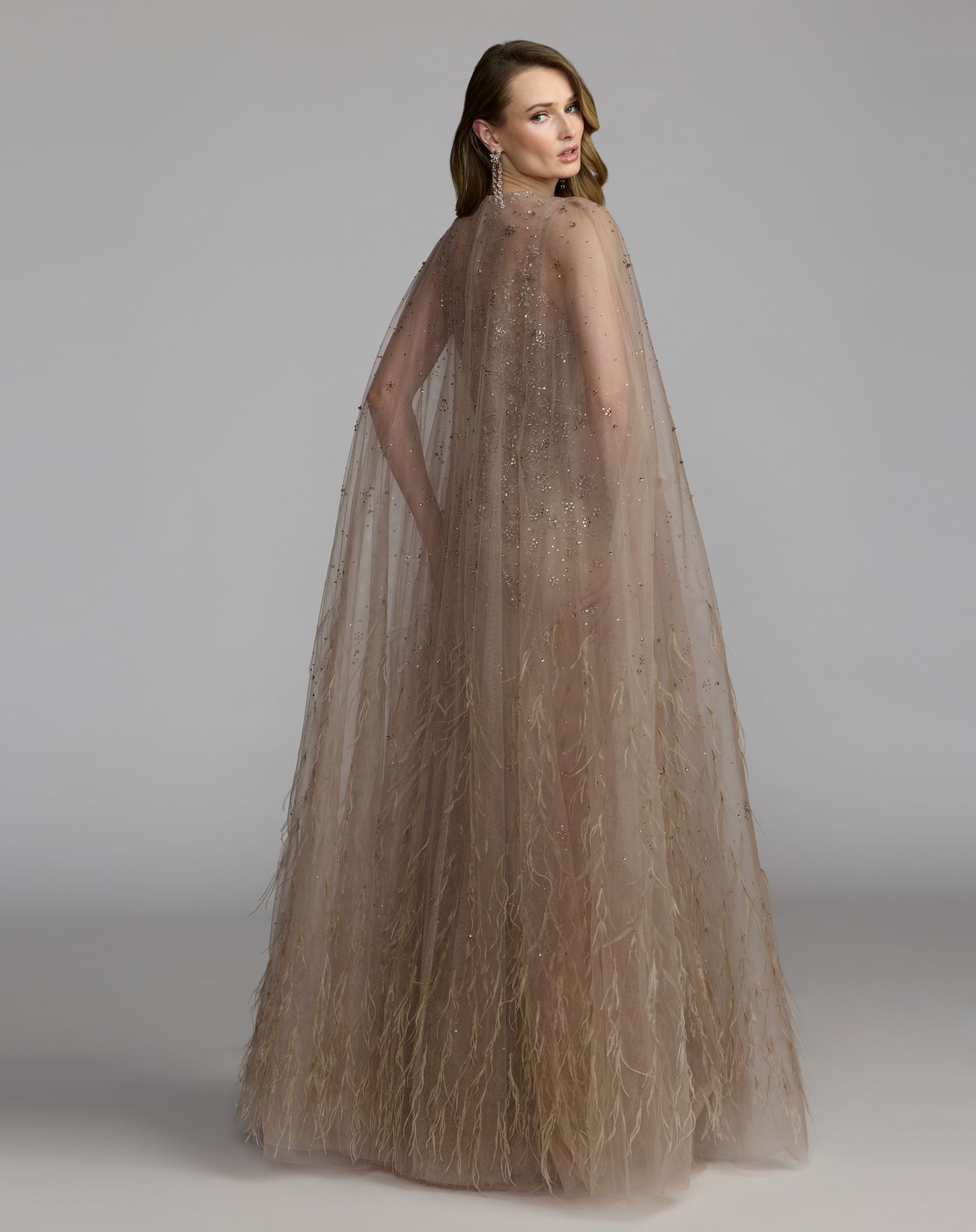 Beige Crystal Embellished Cape Gown with Feathers Mac Duggal