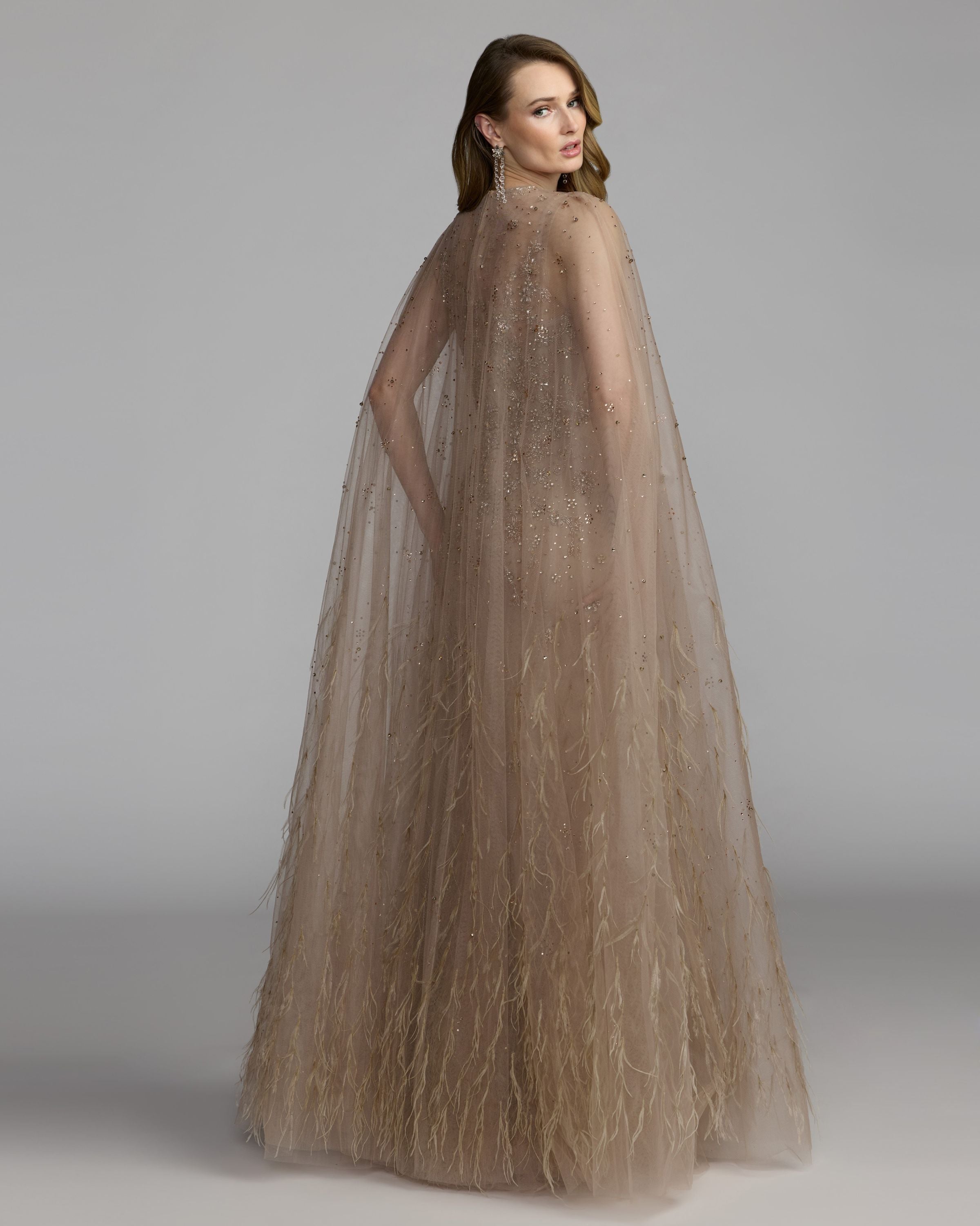 Beige Crystal Embellished Cape Gown with Feathers Mac Duggal