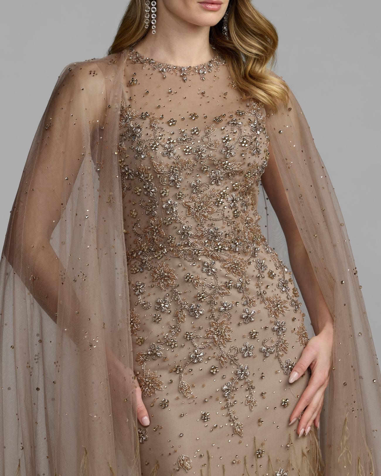 Beige Crystal Embellished Cape Gown with Feathers Mac Duggal