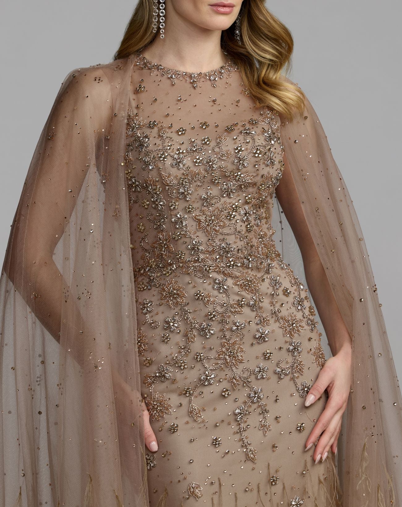 Beige Crystal Embellished Cape Gown with Feathers Mac Duggal