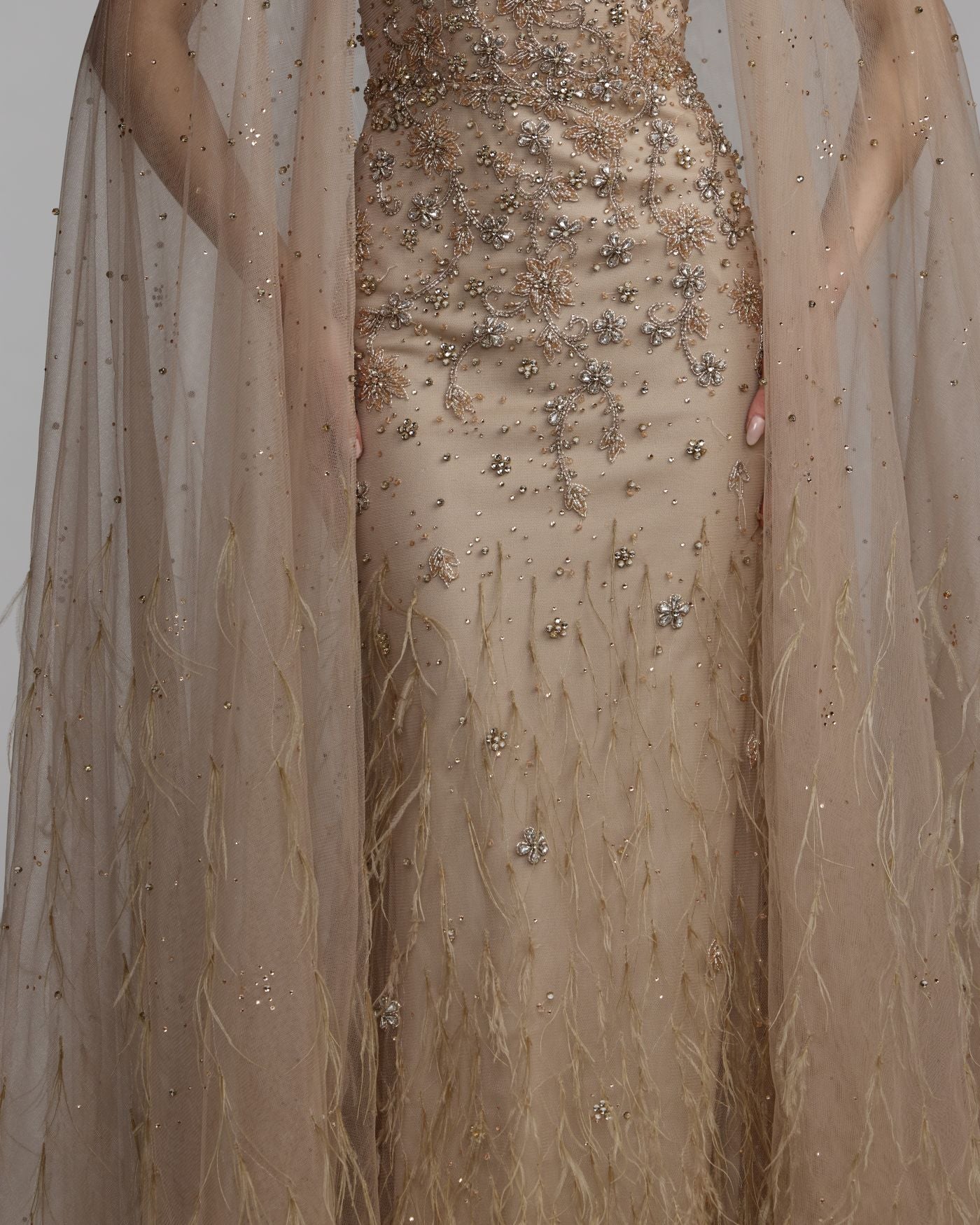Beige Crystal Embellished Cape Gown with Feathers Mac Duggal