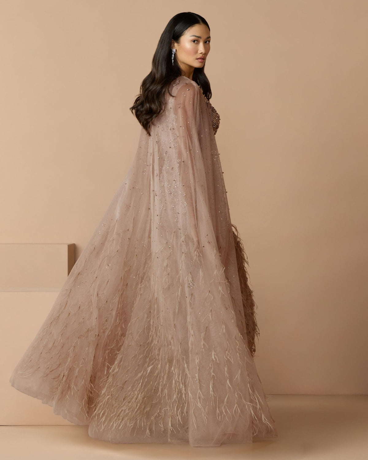 Porcelain Crystal Embellished Cape Gown With Feathers - Mac Duggal