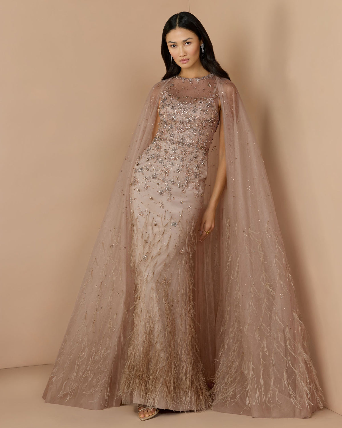 Porcelain Crystal Embellished Cape Gown With Feathers - Mac Duggal