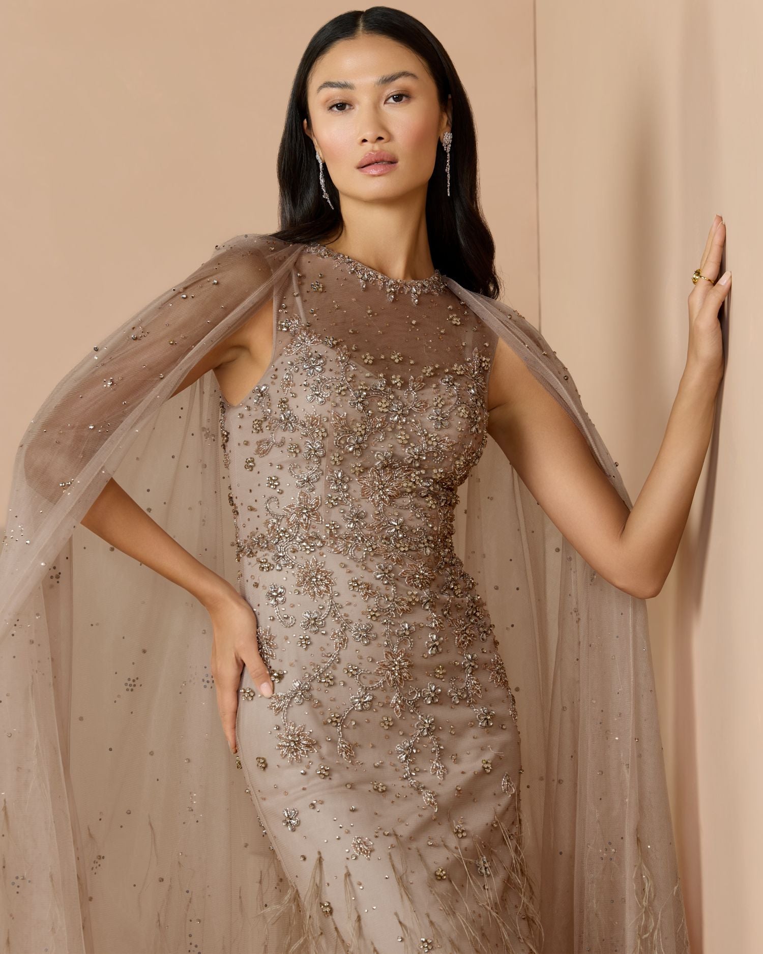 Beige Crystal Embellished Cape Gown with Feathers Mac Duggal