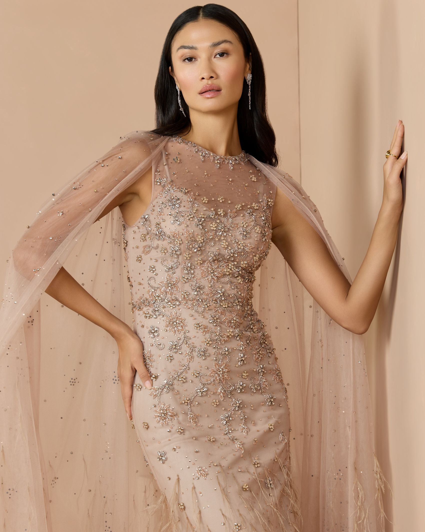 Beige Crystal Embellished Cape Gown with Feathers Mac Duggal