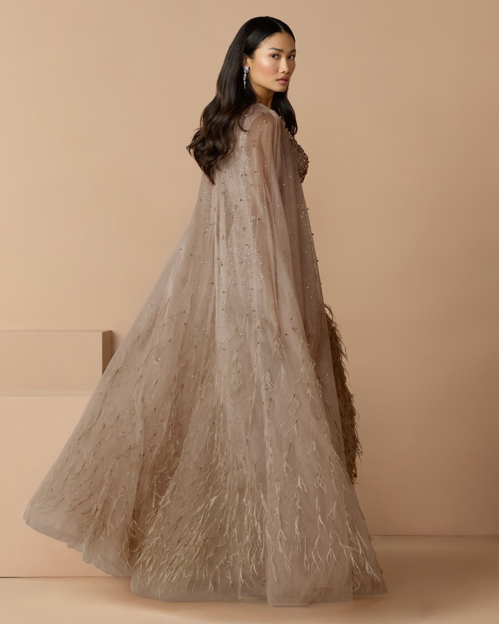 Mac Duggal Crystal-Embellished Feather Cape Column Gown, Porcelain, Women's, 36EU
