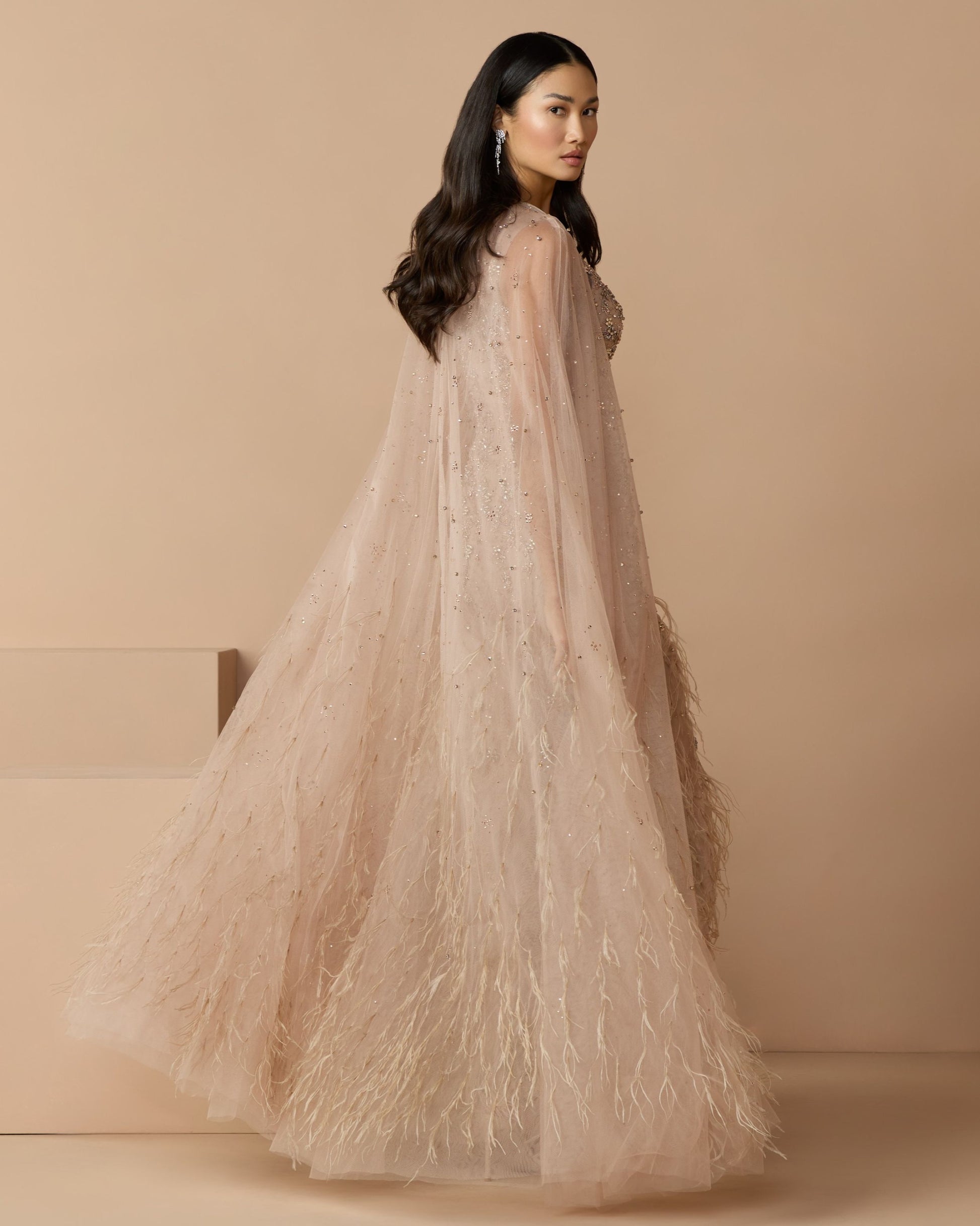 Beige Crystal Embellished Cape Gown with Feathers Mac Duggal