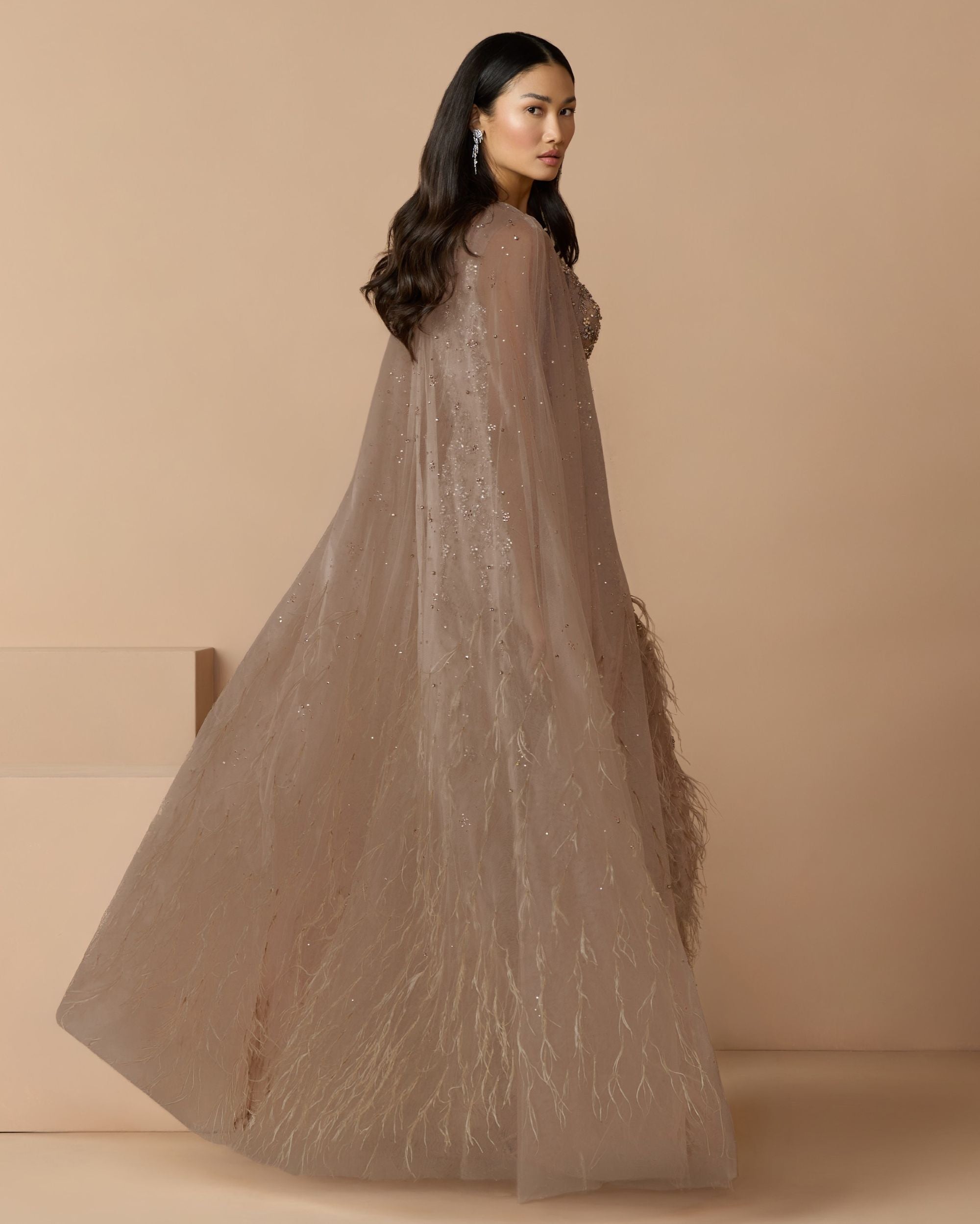 Beige Crystal Embellished Cape Gown with Feathers Mac Duggal