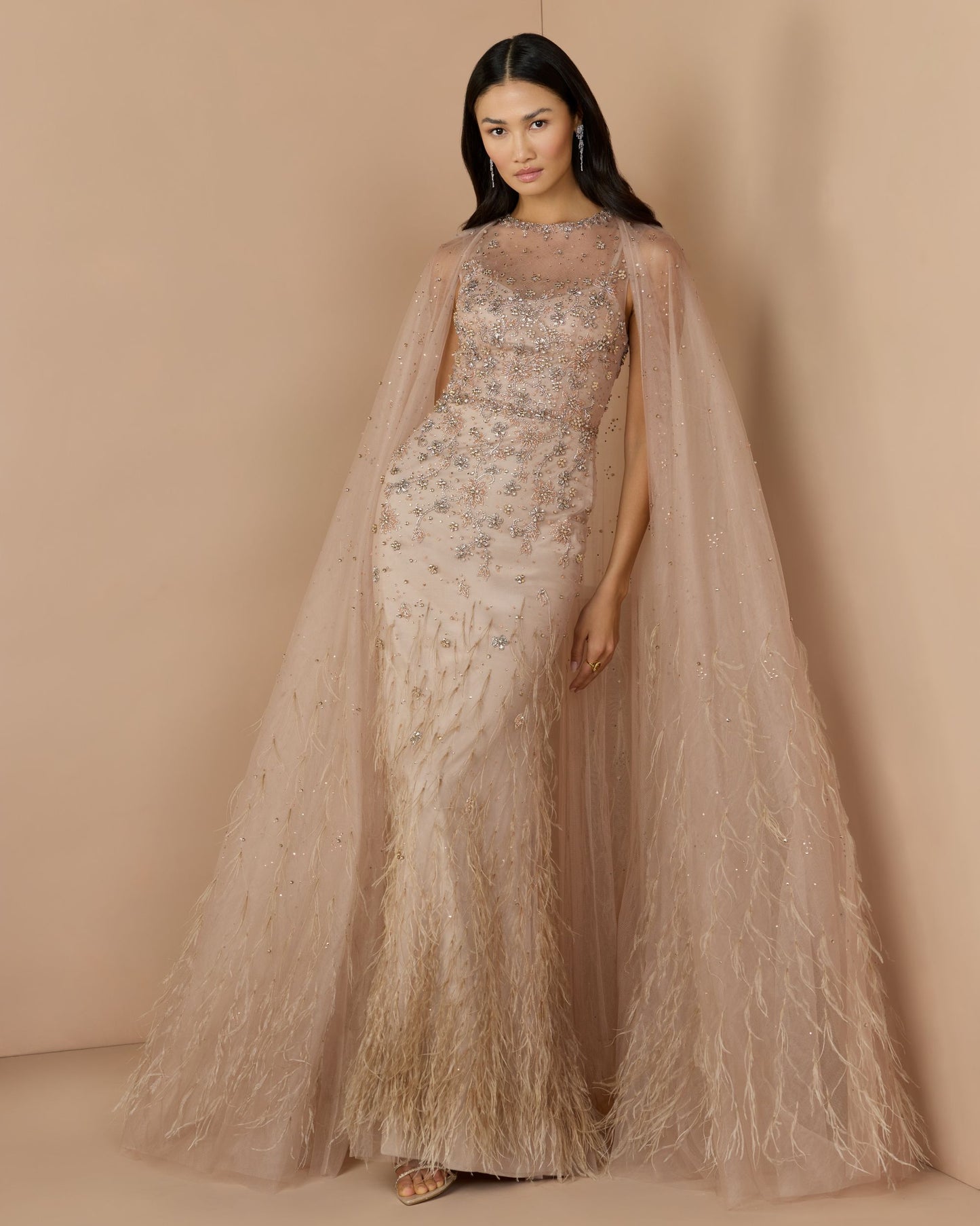 Beige Crystal Embellished Cape Gown with Feathers Mac Duggal