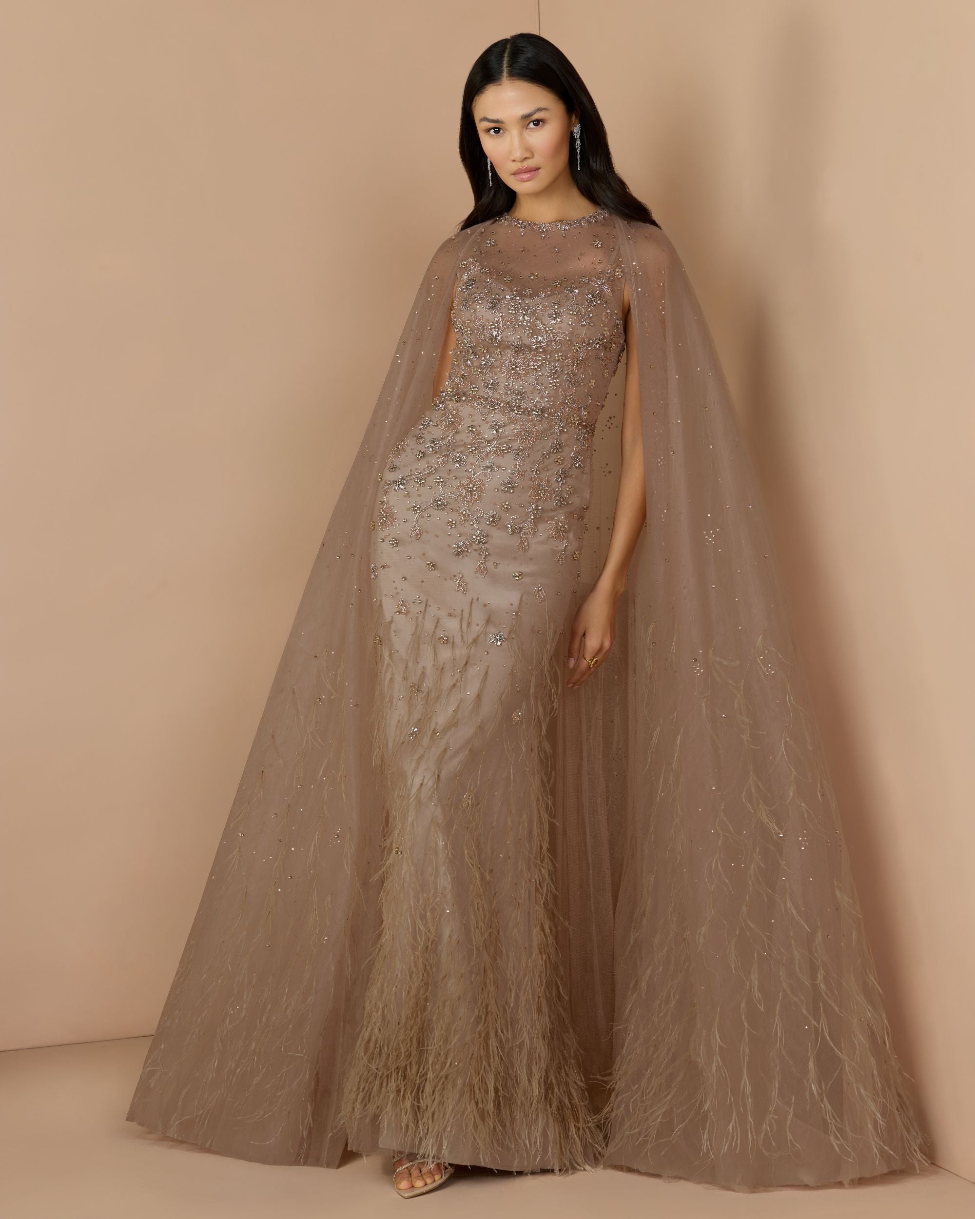 Beige Crystal Embellished Cape Gown with Feathers Mac Duggal