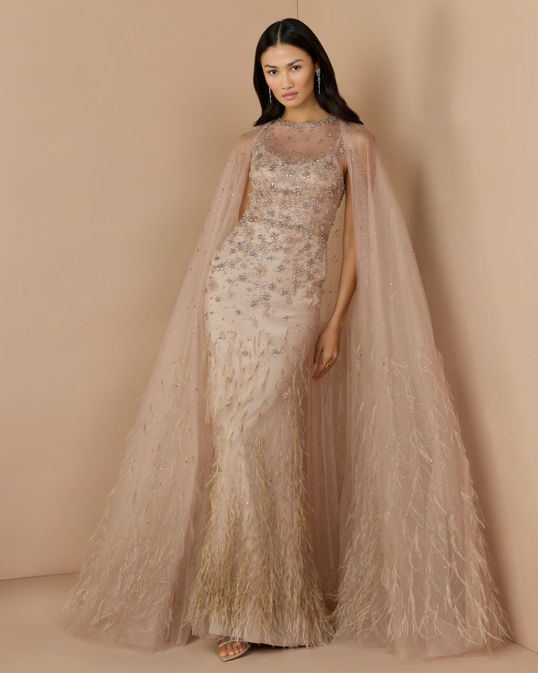 Beige Crystal Embellished Cape Gown with Feathers Mac Duggal