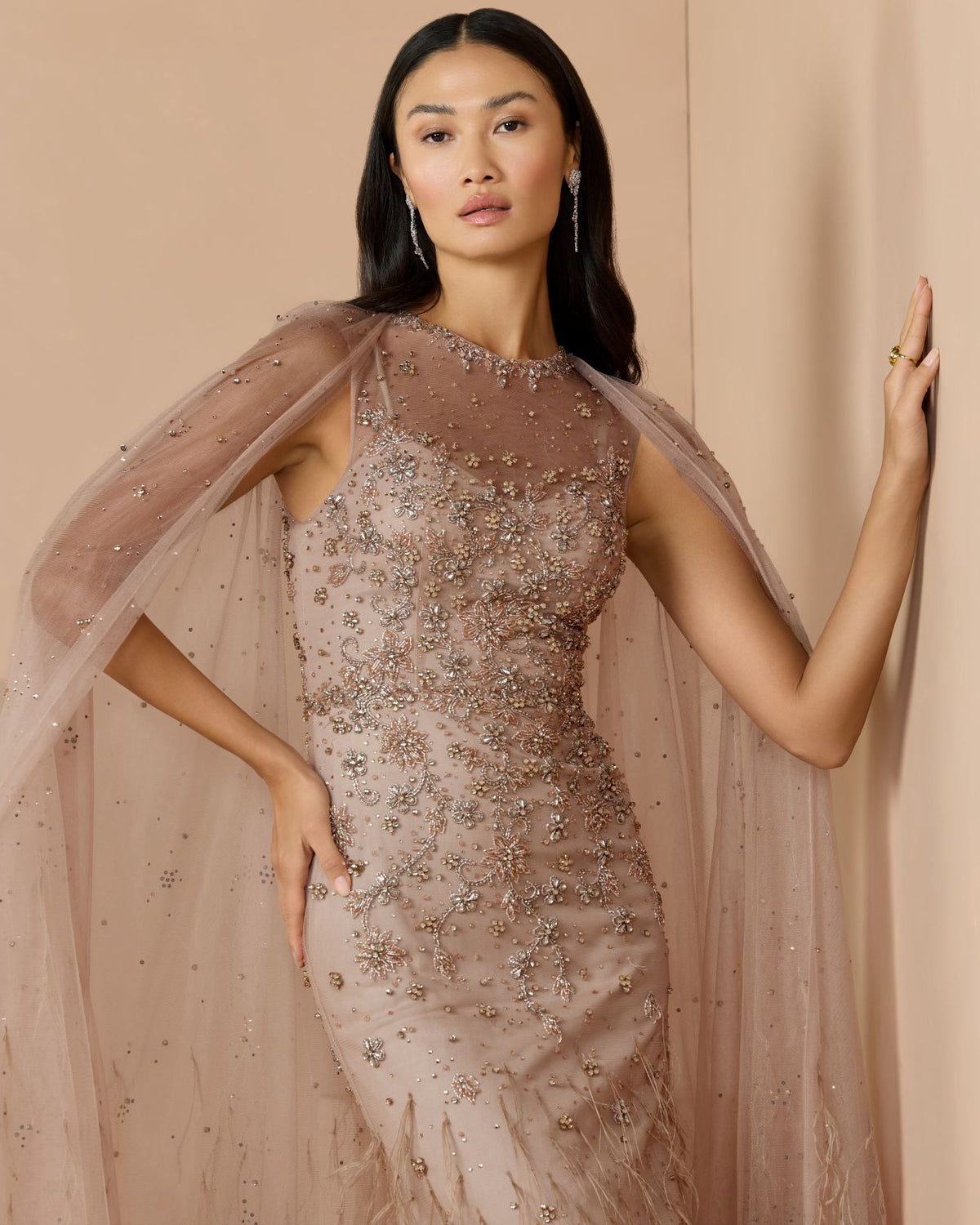 Porcelain Crystal Embellished Cape Gown With Feathers - Mac Duggal