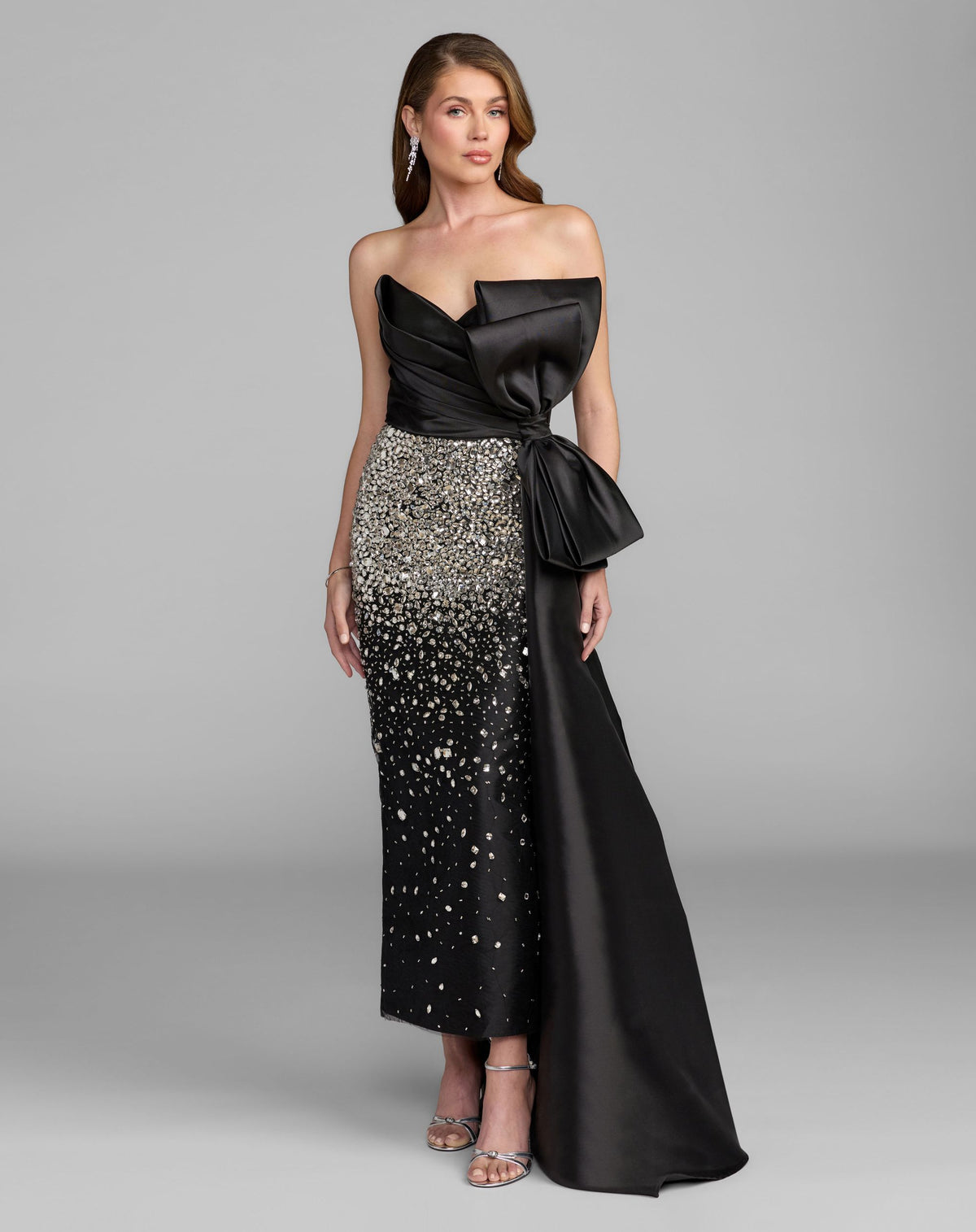 Black Silver Strapless Crystal Embellished Satin Dress With Bow - Mac Duggal