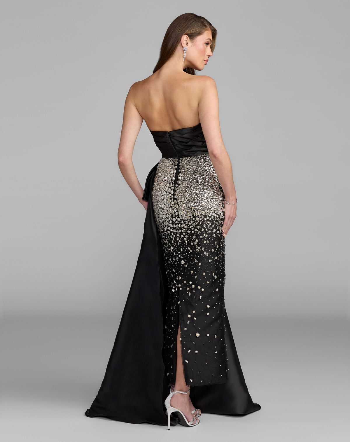 Black Silver Strapless Crystal Embellished Satin Dress With Bow - Mac Duggal