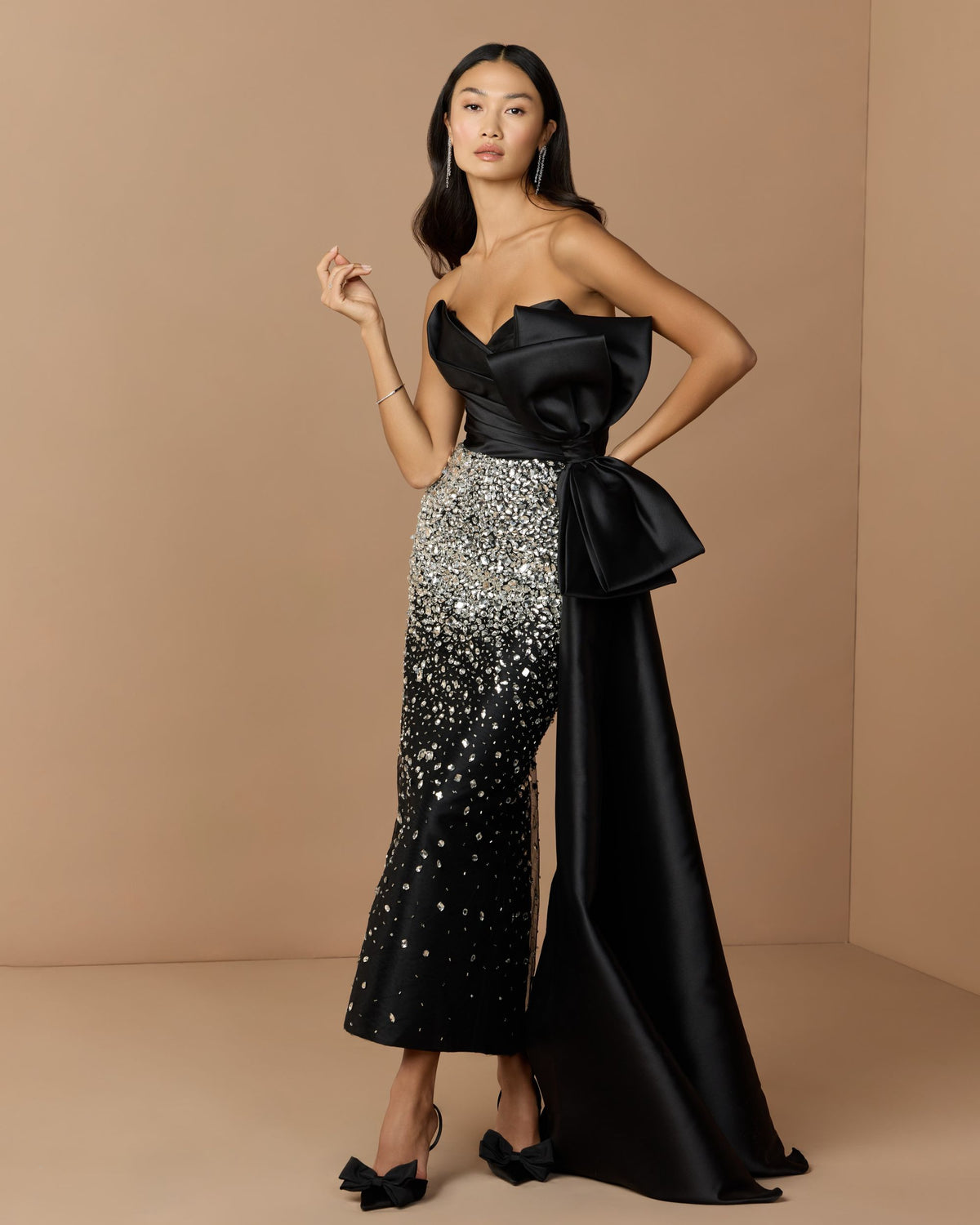 Black Silver Strapless Crystal Embellished Satin Dress With Bow - Mac Duggal