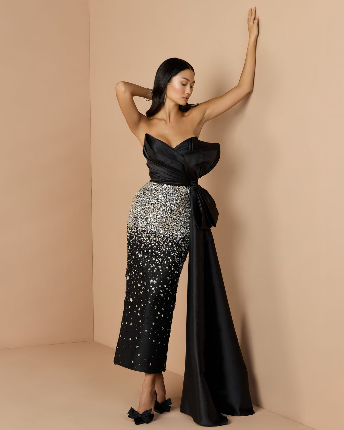 Black Silver Strapless Crystal Embellished Satin Dress With Bow - Mac Duggal
