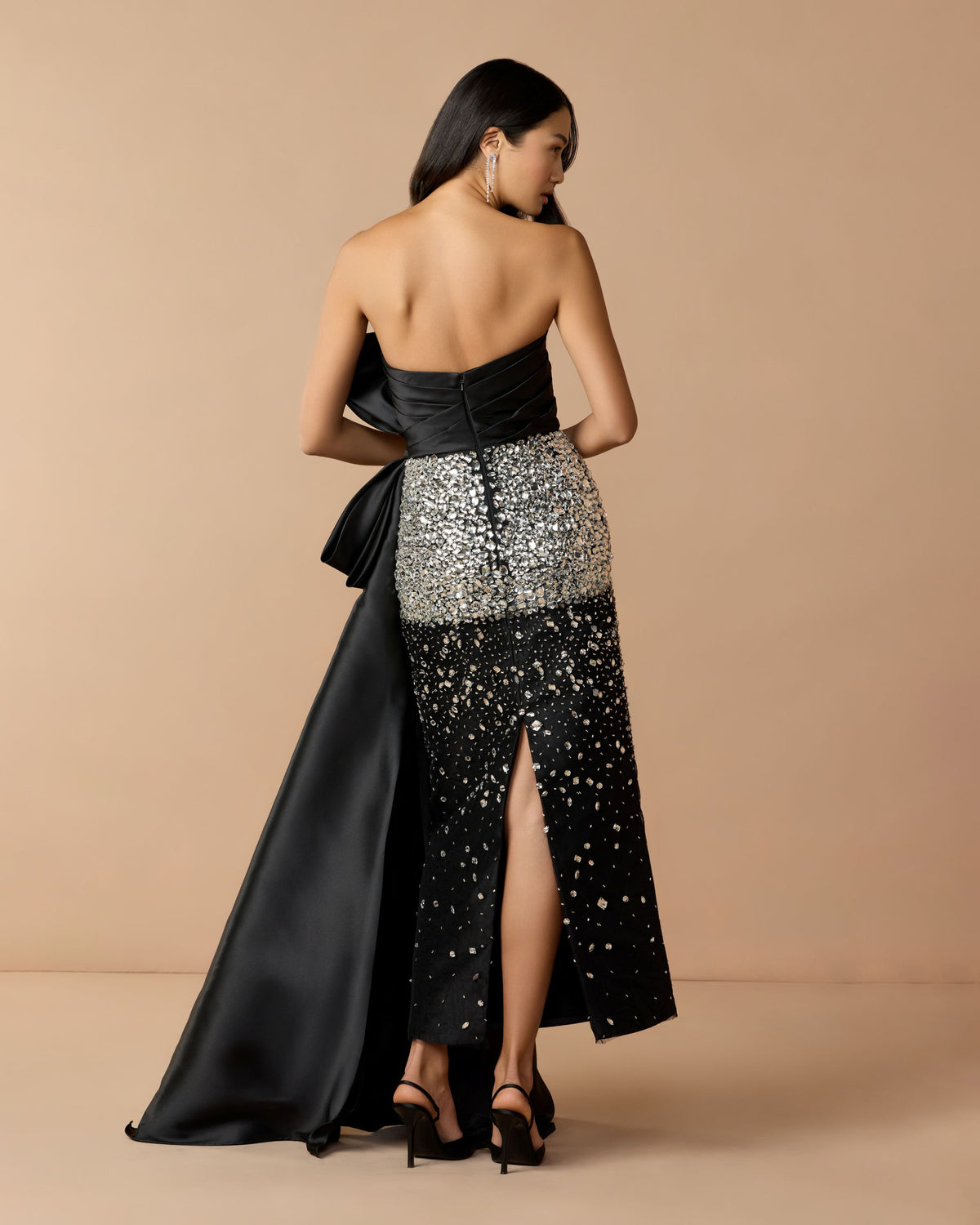 Black Silver Strapless Crystal Embellished Satin Dress With Bow - Mac Duggal