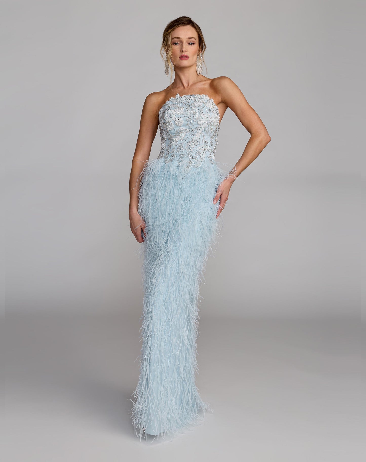 Blue Embellished Strapless Feather Gown - Mac Duggal