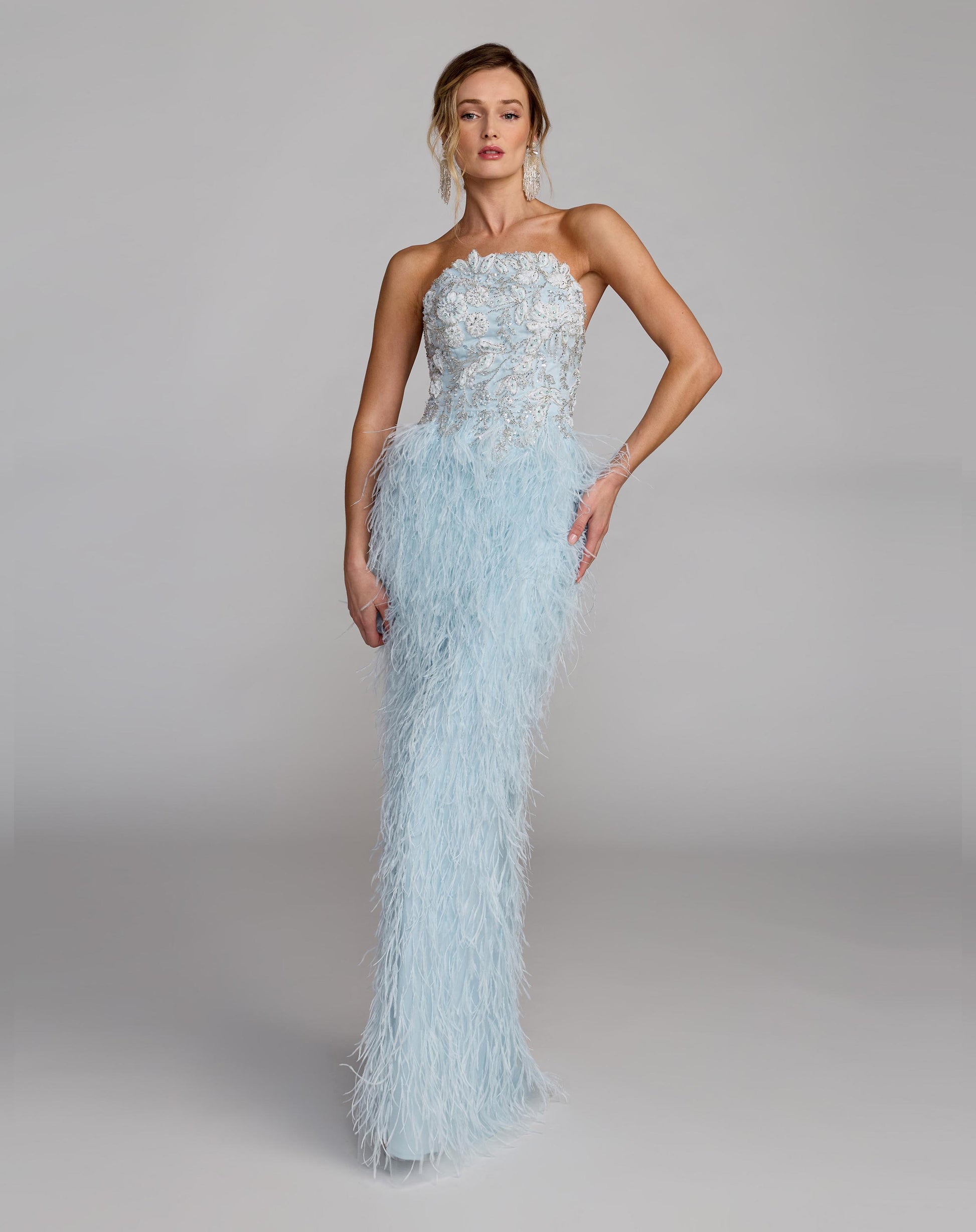 Blue Embellished Strapless Feather Gown - Mac Duggal