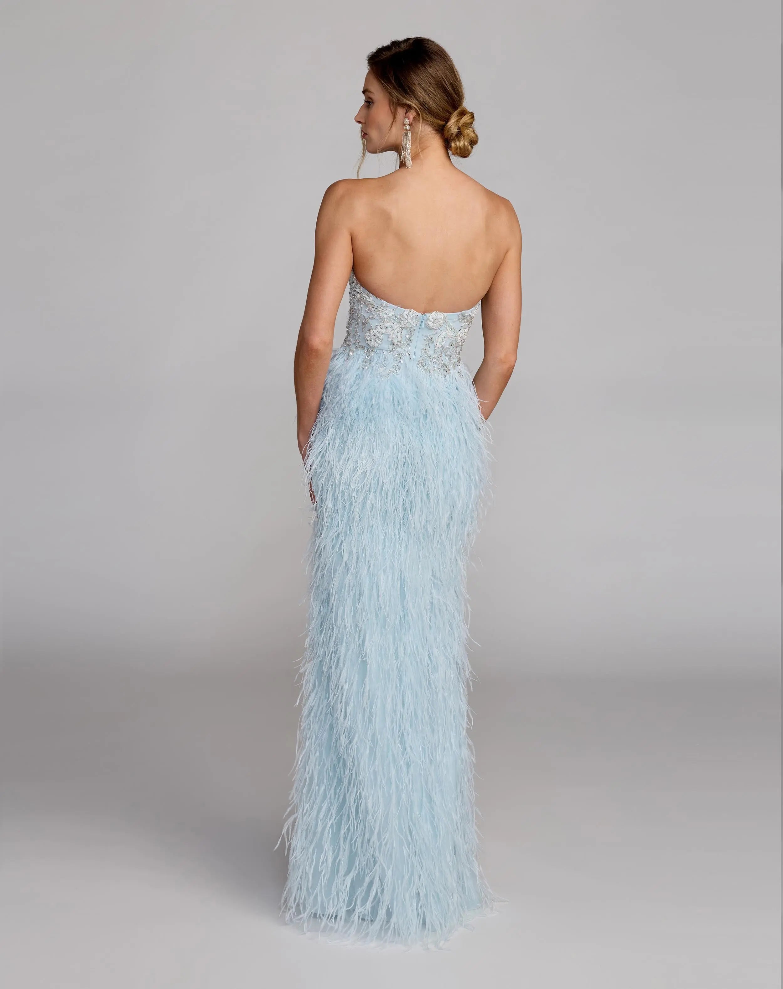 Blue Embellished Strapless Feather Gown - Mac Duggal