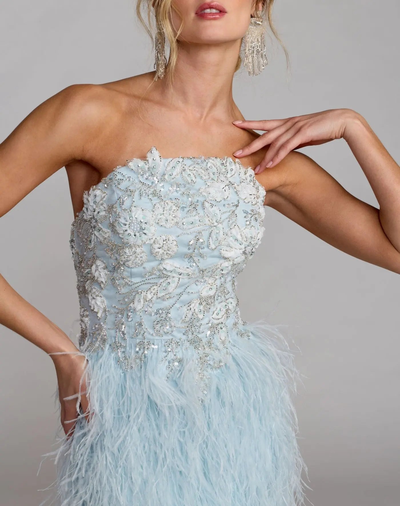 Mac Duggal Collection - Blue Embellished Strapless Feather Gown - Powder Blue / US 4 Mac Duggal Collection - Blue Embellished Strapless Feather Gown - Powder Blue / US 4
