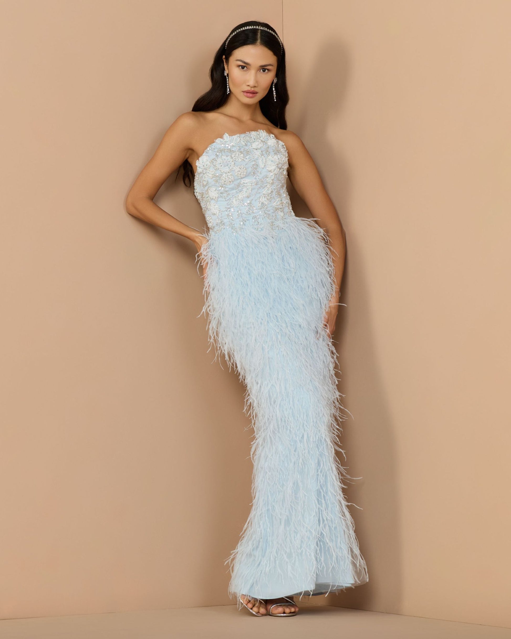 Blue Embellished Strapless Feather Gown - Mac Duggal