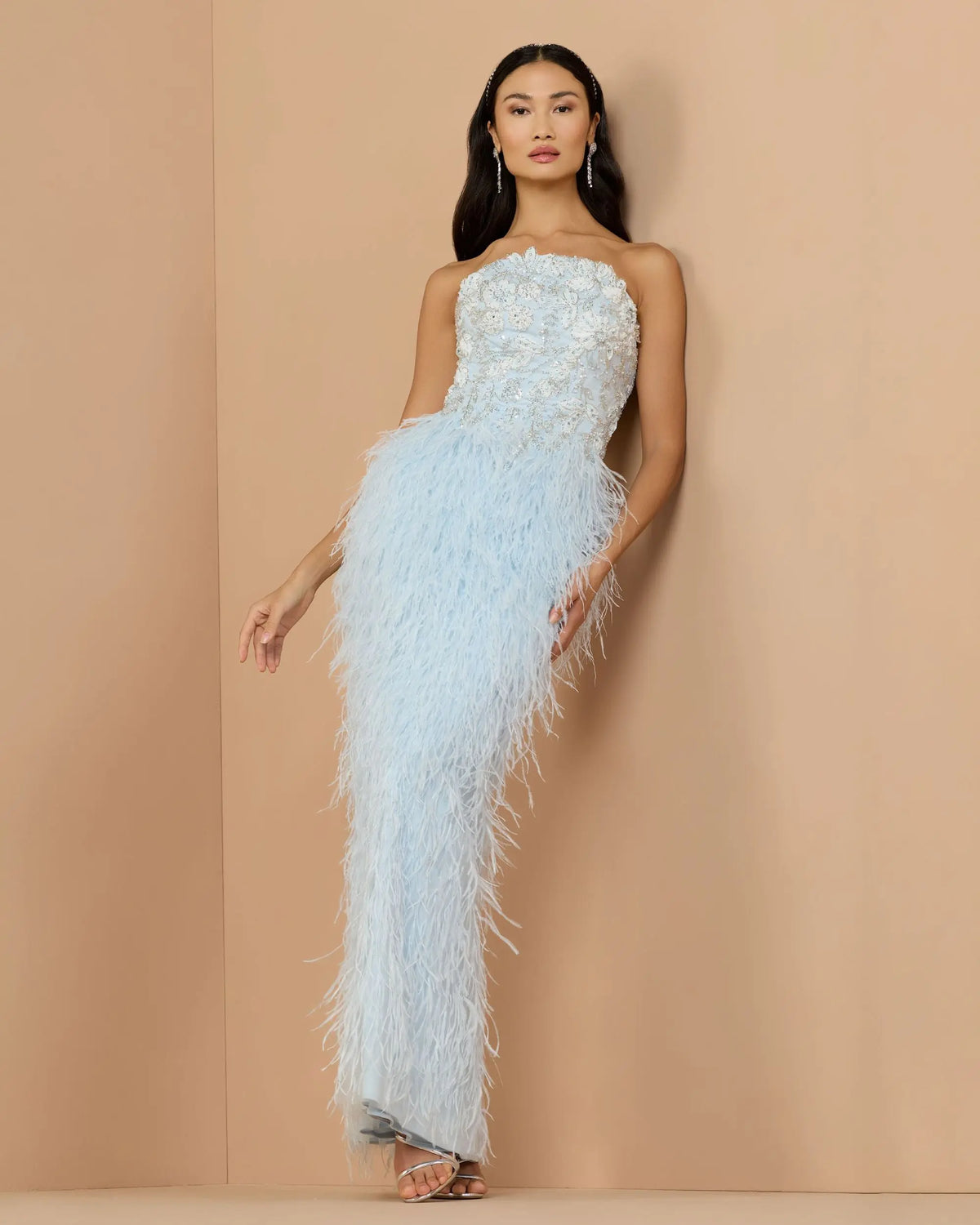 Powder Blue Embellished Strapless Feather Gown - Mac Duggal