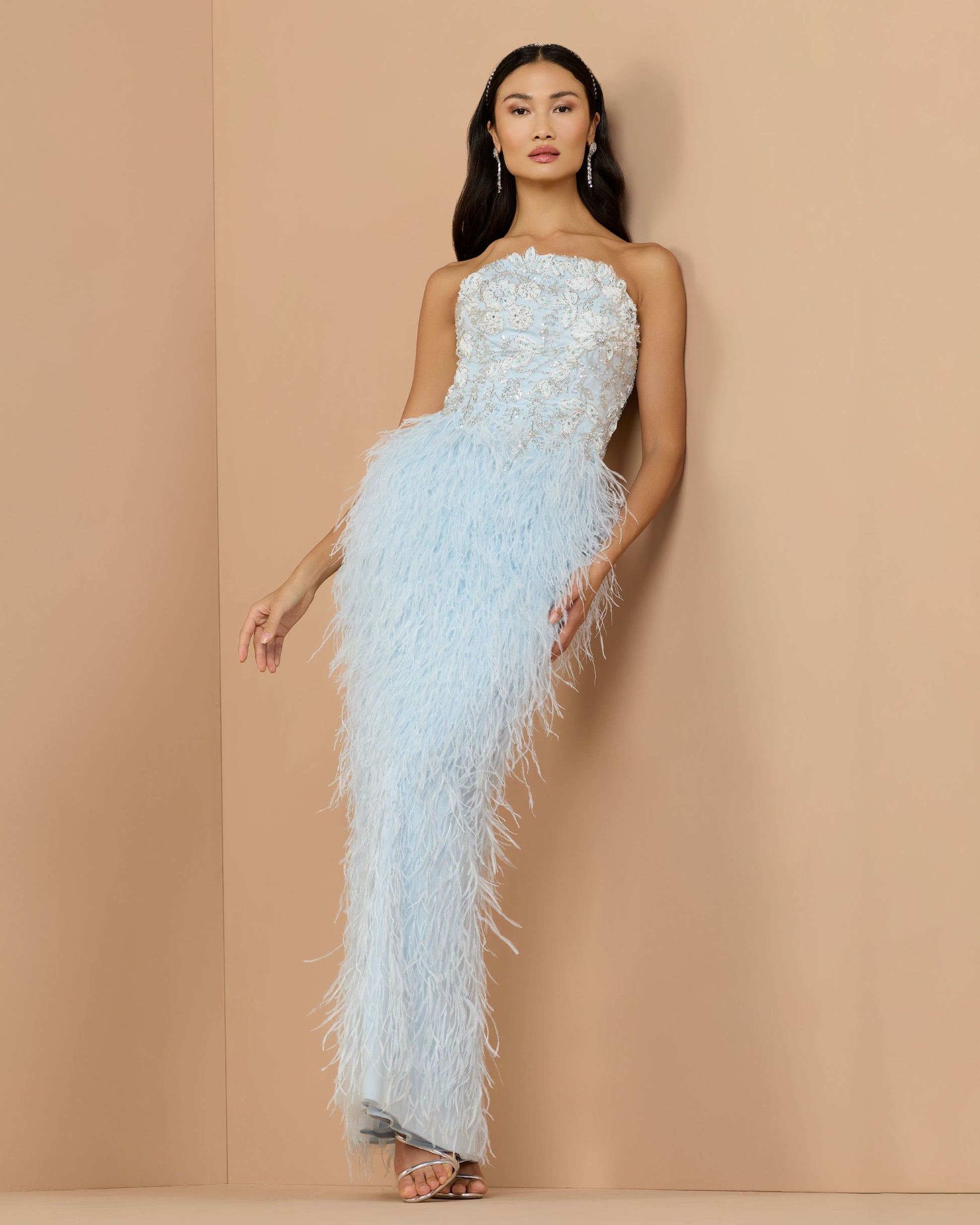 Blue Embellished Strapless Feather Gown | Mac Duggal Blue Embellished Strapless Feather Gown | Mac Duggal