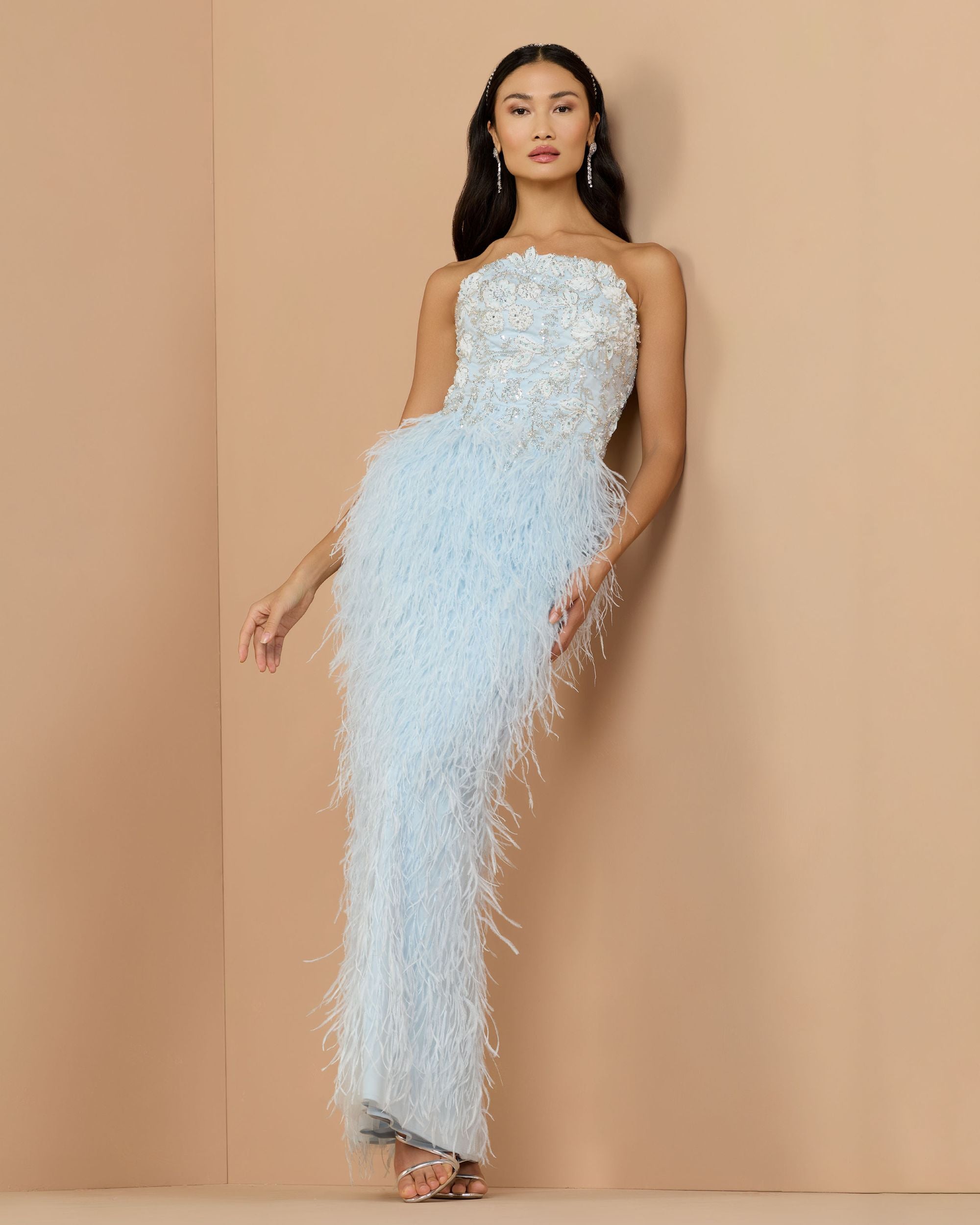 Blue Embellished Strapless Feather Gown - Mac Duggal