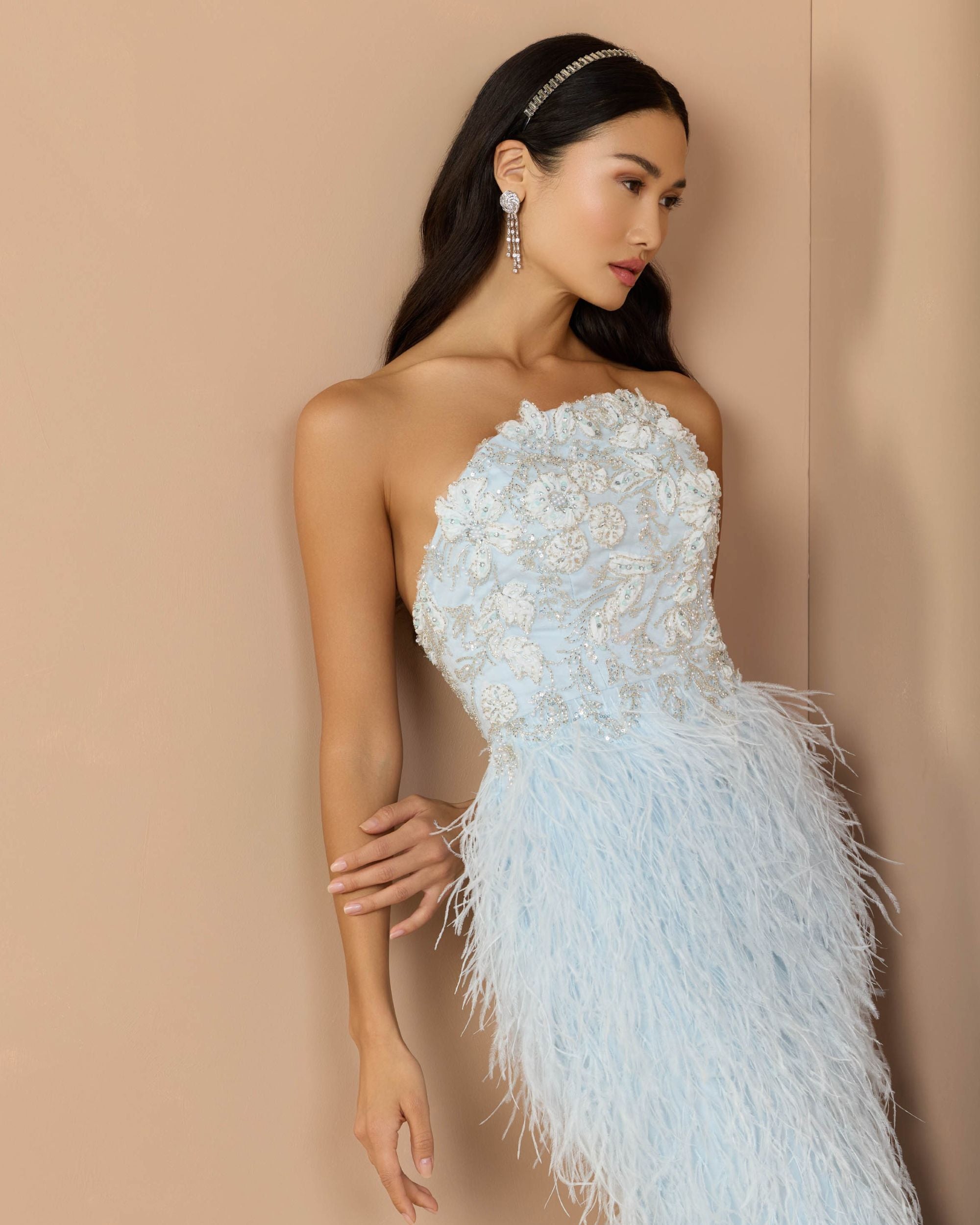 Blue Embellished Strapless Feather Gown - Mac Duggal