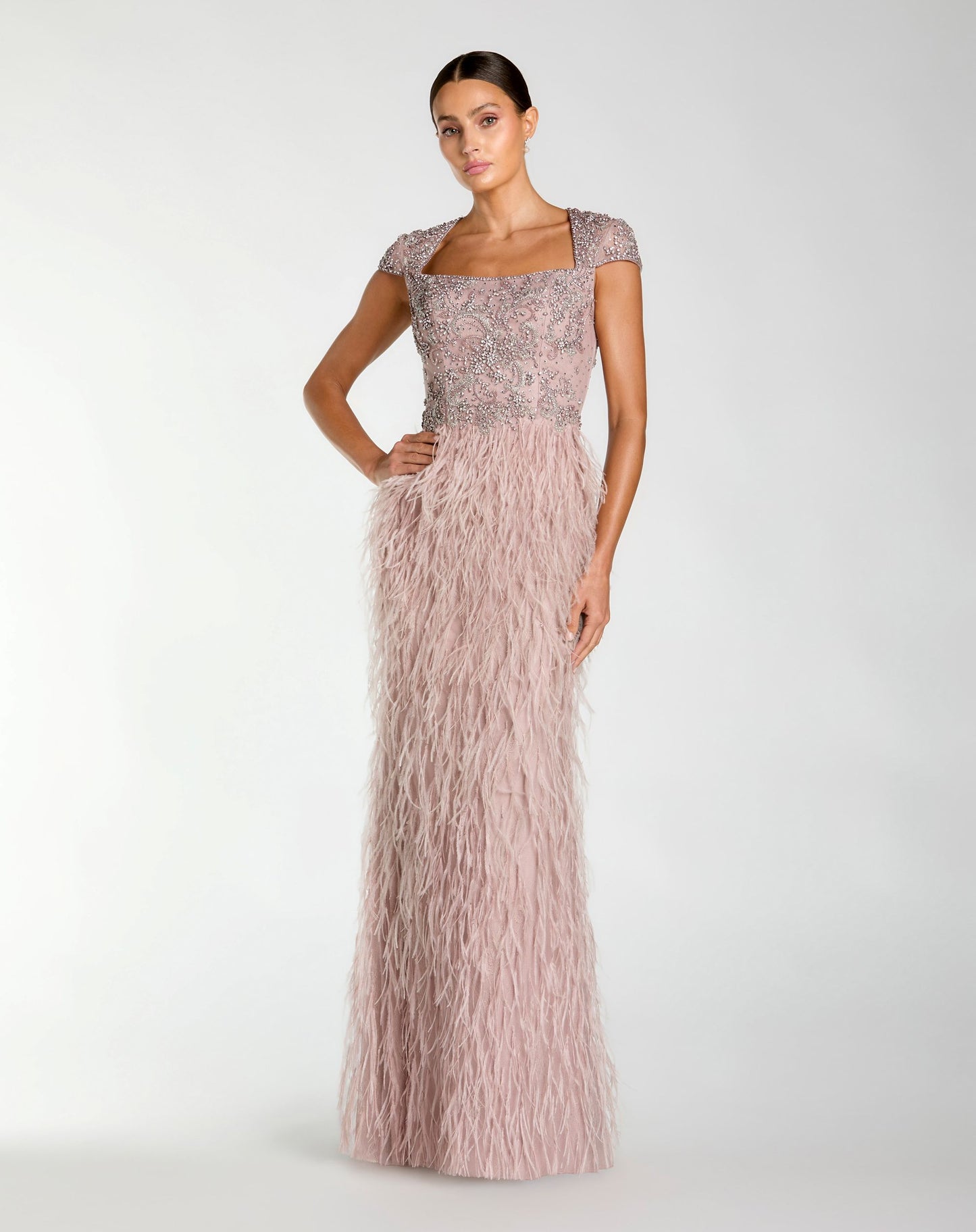Pink Embellished Cap Sleeve Feather Gown - Mac Duggal