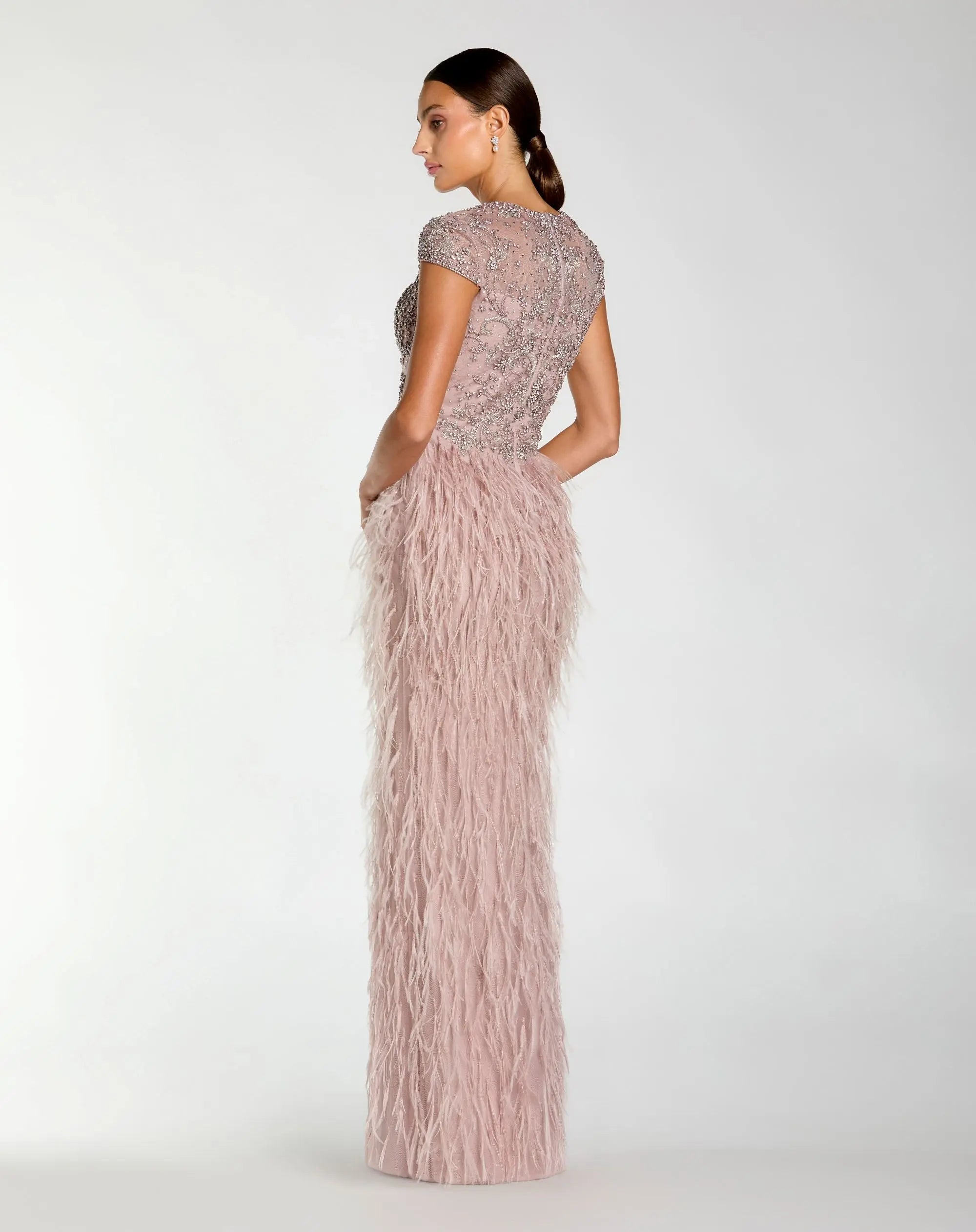 Pink Embellished Cap Sleeve Feather Gown - Mac Duggal