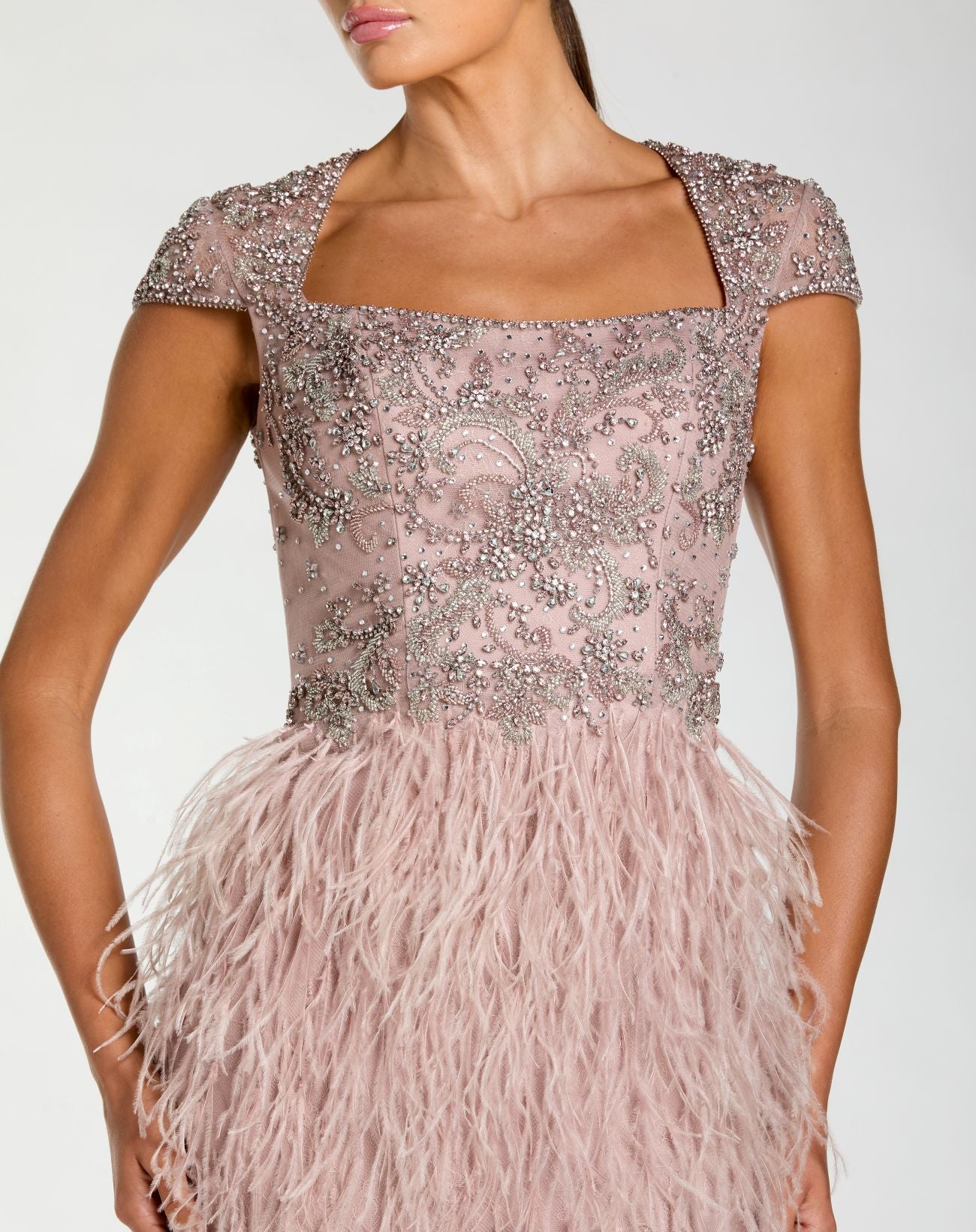 Pink Embellished Cap Sleeve Feather Gown - Mac Duggal
