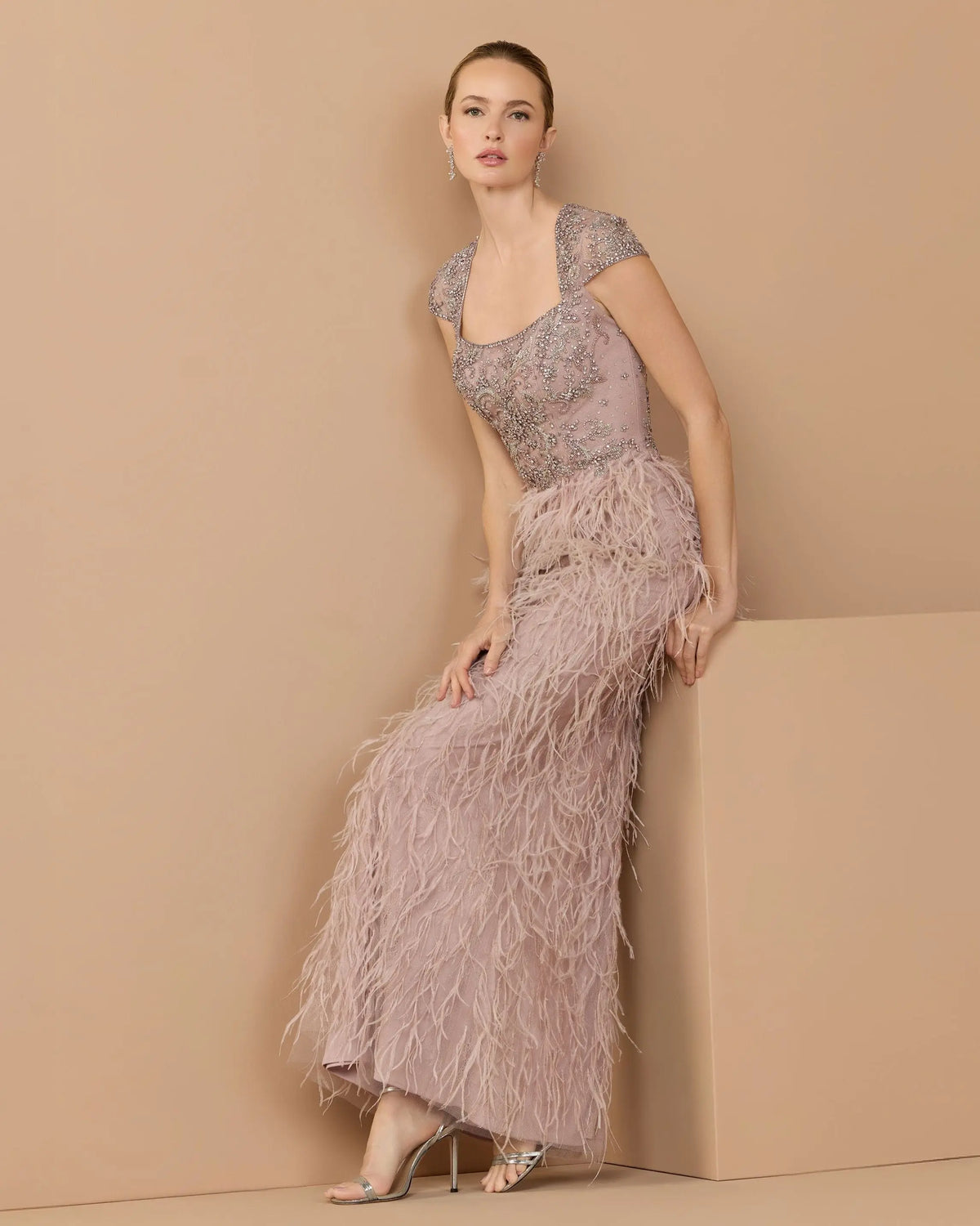 Mocha Embellished Cap Sleeve Feather Gown - Mac Duggal