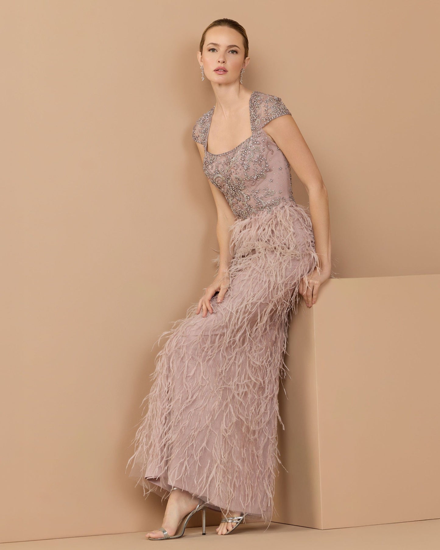 Pink Embellished Cap Sleeve Feather Gown - Mac Duggal