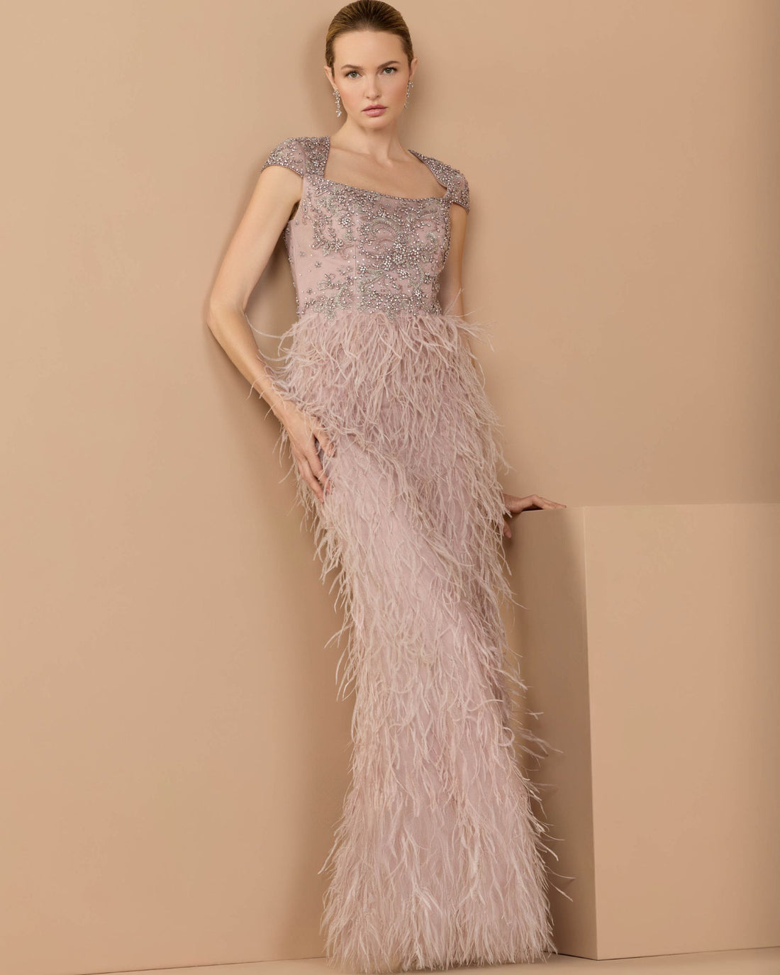 Pink Embellished Cap Sleeve Feather Gown - Mac Duggal