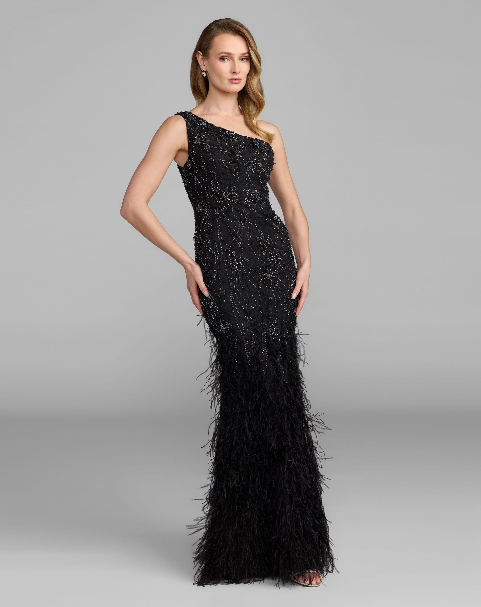 Black Embellished Lace One Shoulder Feather Gown - Mac Duggal